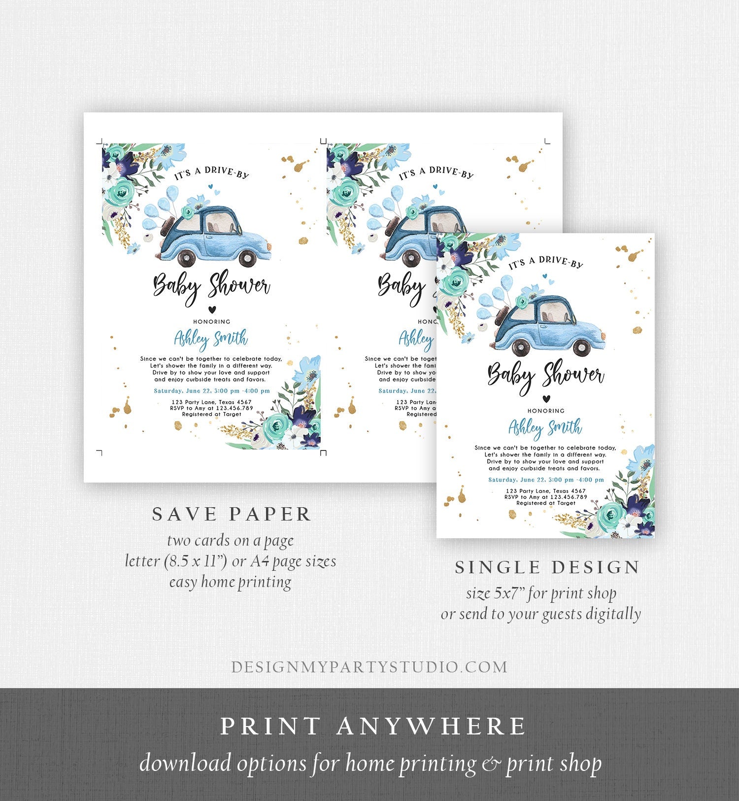 Editable Drive By Baby Shower Invitation Blue Girl Boy Baby Shower Invite Quarantine Drive Through Floral Sprinkle Corjl Template 0335