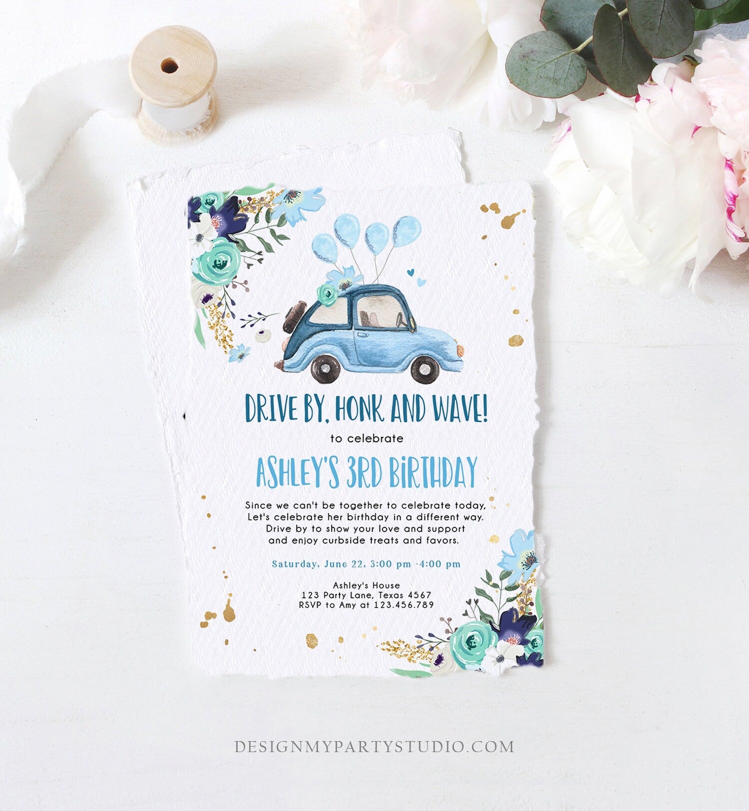 Editable Drive By Birthday Parade Invitation Virtual Party Invite Honk Wave Car Girl Blue Quarantine Through Download Digital Corjl 0335