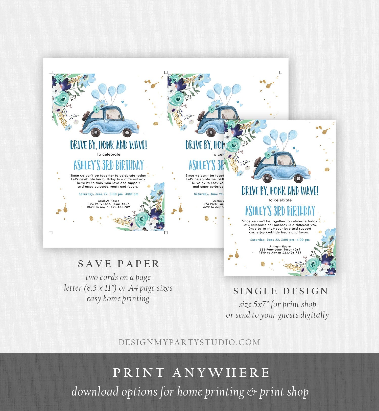 Editable Drive By Birthday Parade Invitation Virtual Party Invite Honk Wave Car Girl Blue Quarantine Through Download Digital Corjl 0335