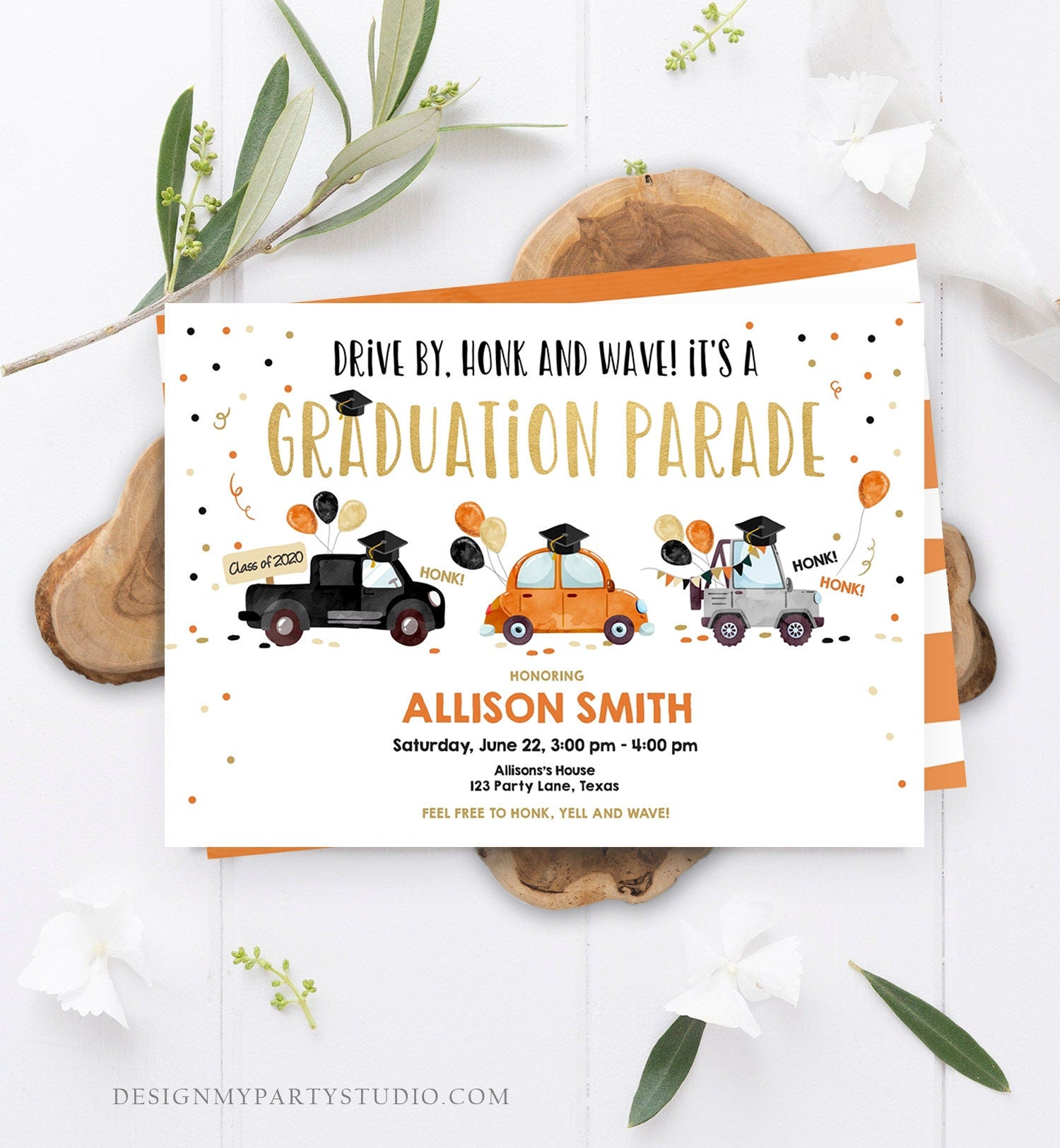 Editable Drive By Graduation Parade Invitation Drive Through Party Orange Gold Quarantine Graduate 2021 High School Grad Download Corjl 0337