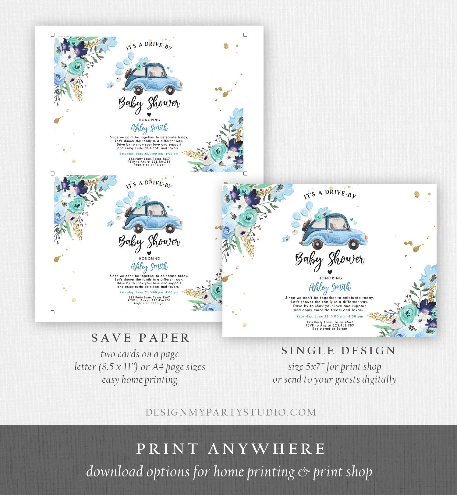 Editable Drive By Baby Shower Invitation Blue Girl Baby Shower Invite Quarantine Drive Through Floral Sprinkle Template Download Corjl 0335