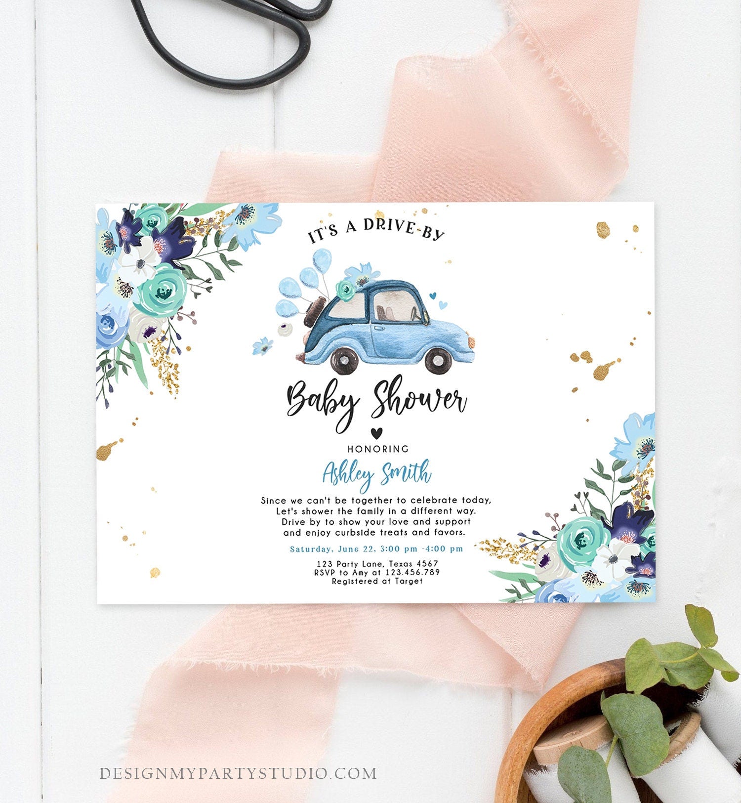 Editable Drive By Baby Shower Invitation Blue Girl Baby Shower Invite Quarantine Drive Through Floral Sprinkle Template Download Corjl 0335