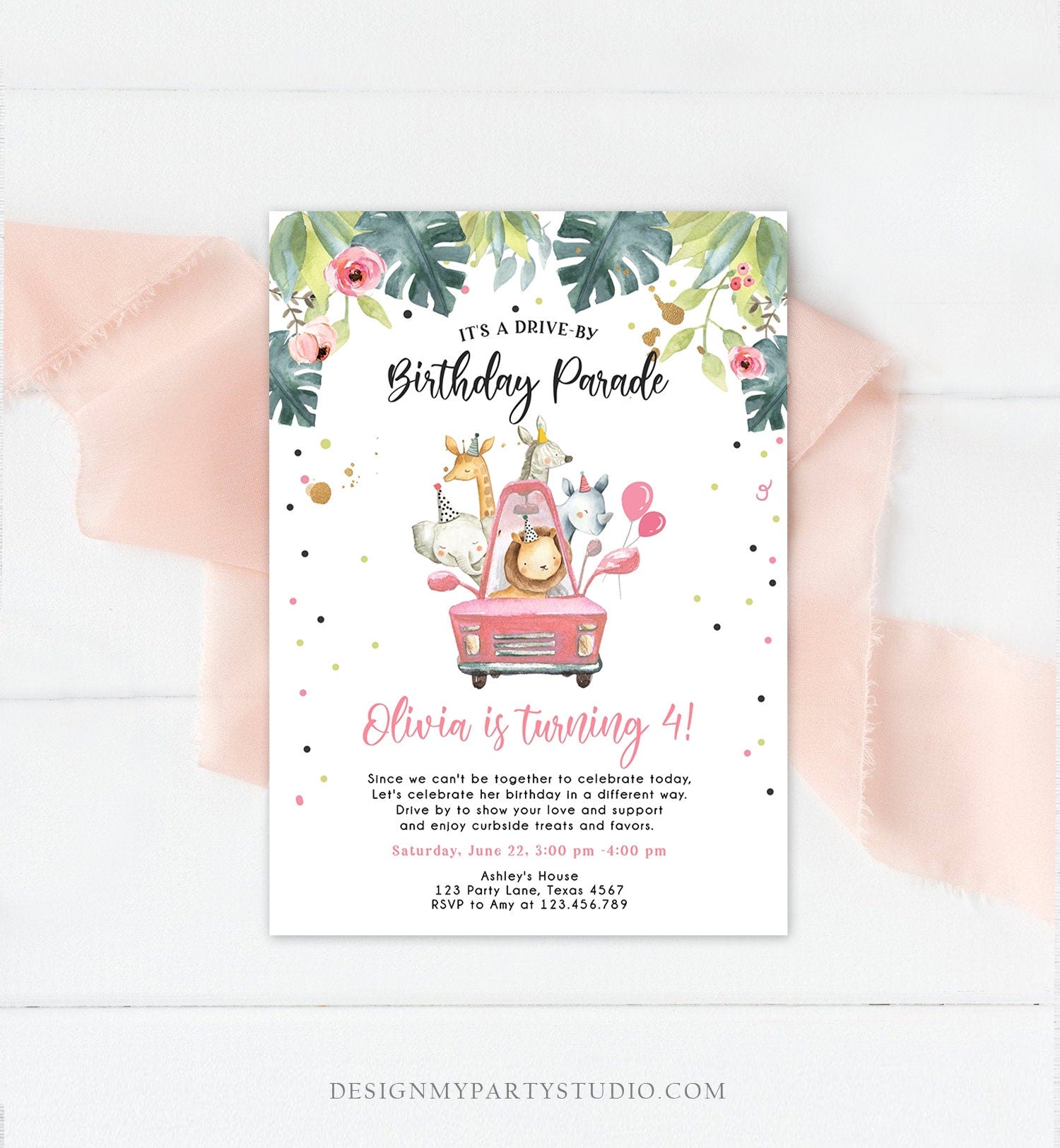 Editable Drive By Birthday Parade Invitation Girl Pink Gold Safari Animals Car Drive Through Quarantine Social Distancing Party Corjl 0345