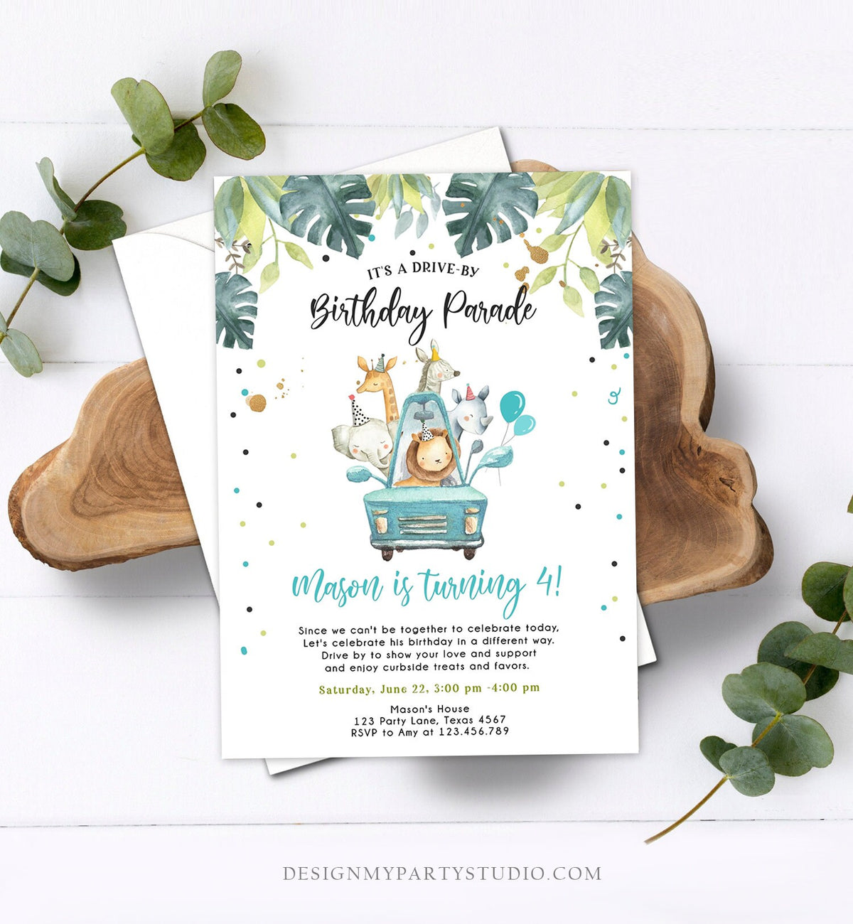 Editable Drive By Birthday Parade Invitation Boy Blue Gold Safari Animals Car Drive Through Quarantine Social Distancing Party Corjl 0345