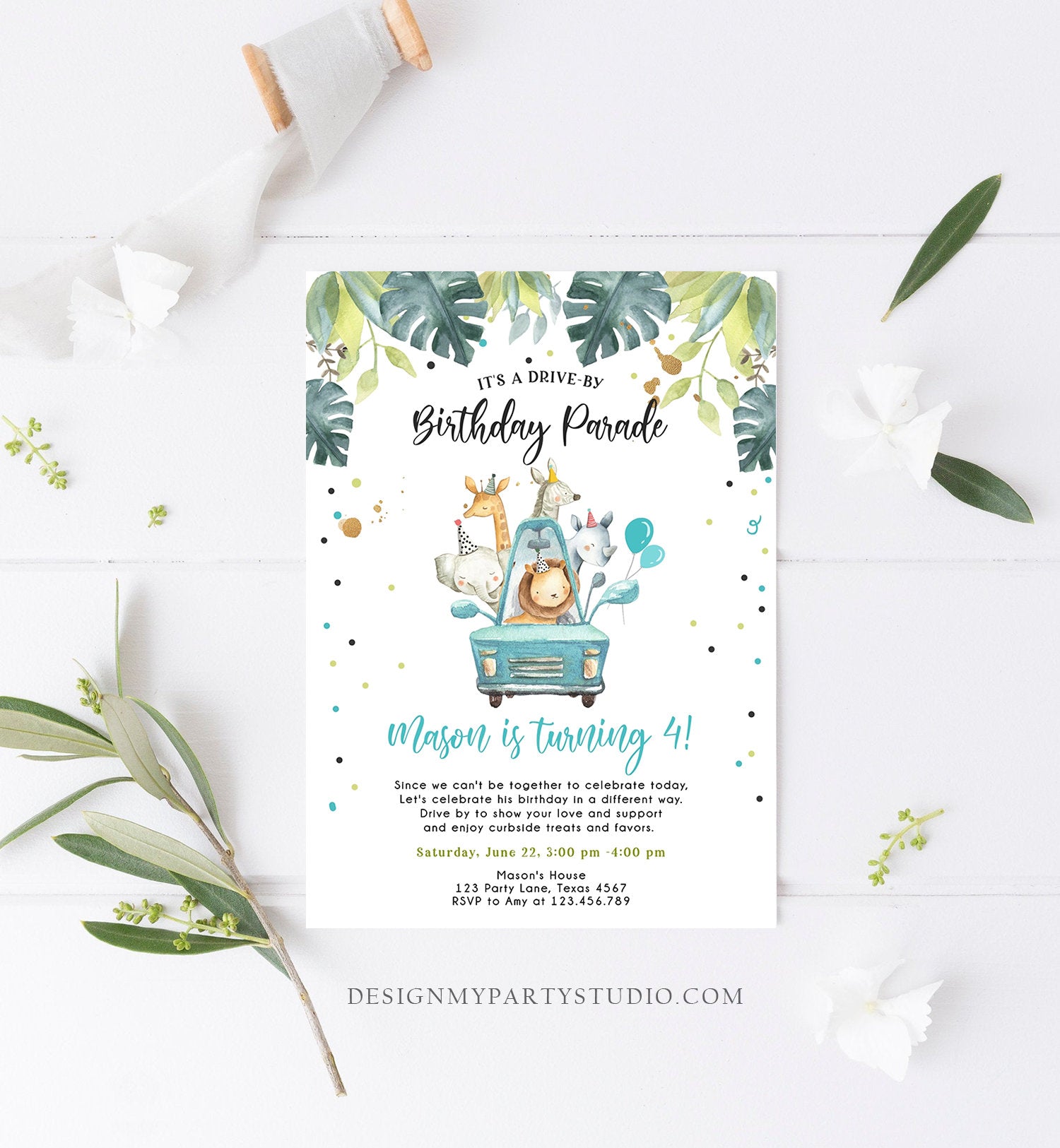 Editable Drive By Birthday Parade Invitation Boy Blue Gold Safari Animals Car Drive Through Quarantine Social Distancing Party Corjl 0345