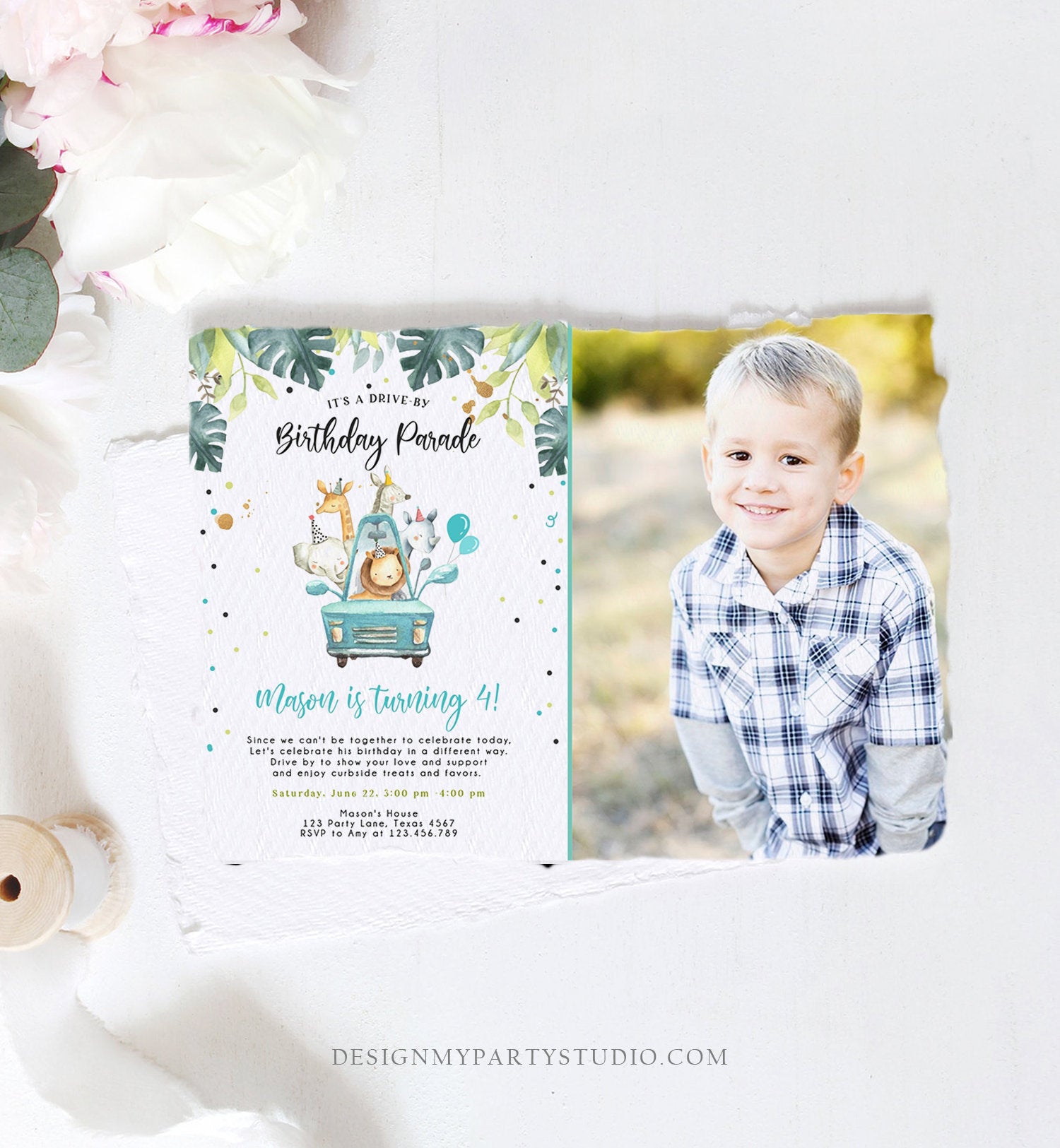 Editable Drive By Birthday Parade Invitation Boy Blue Gold Safari Animals Car Drive Through Quarantine Social Distancing Party Corjl 0163