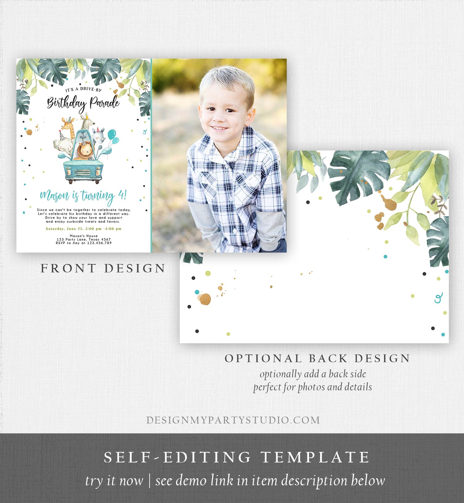 Editable Drive By Birthday Parade Invitation Boy Blue Gold Safari Animals Car Drive Through Quarantine Social Distancing Party Corjl 0163