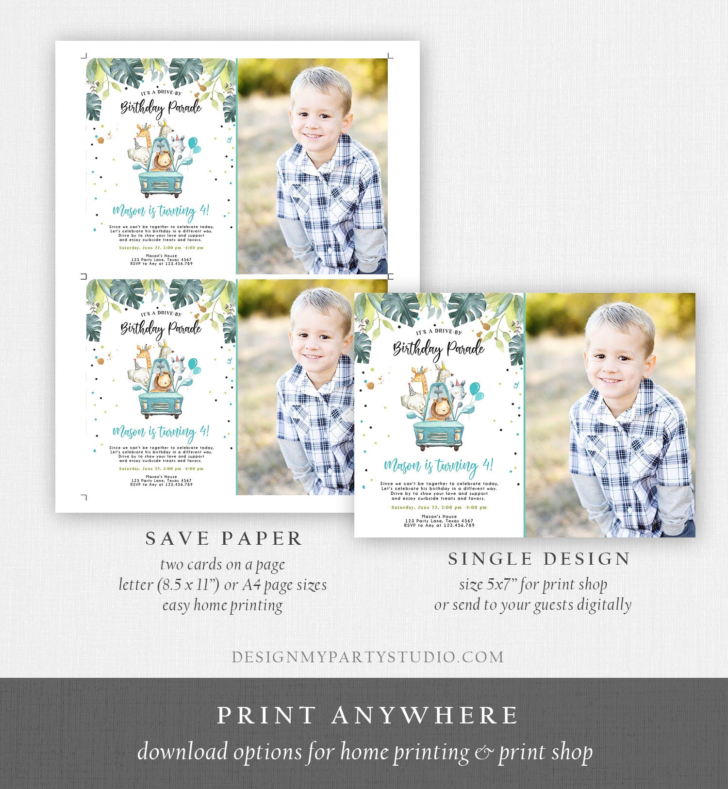 Editable Drive By Birthday Parade Invitation Boy Blue Gold Safari Animals Car Drive Through Quarantine Social Distancing Party Corjl 0163