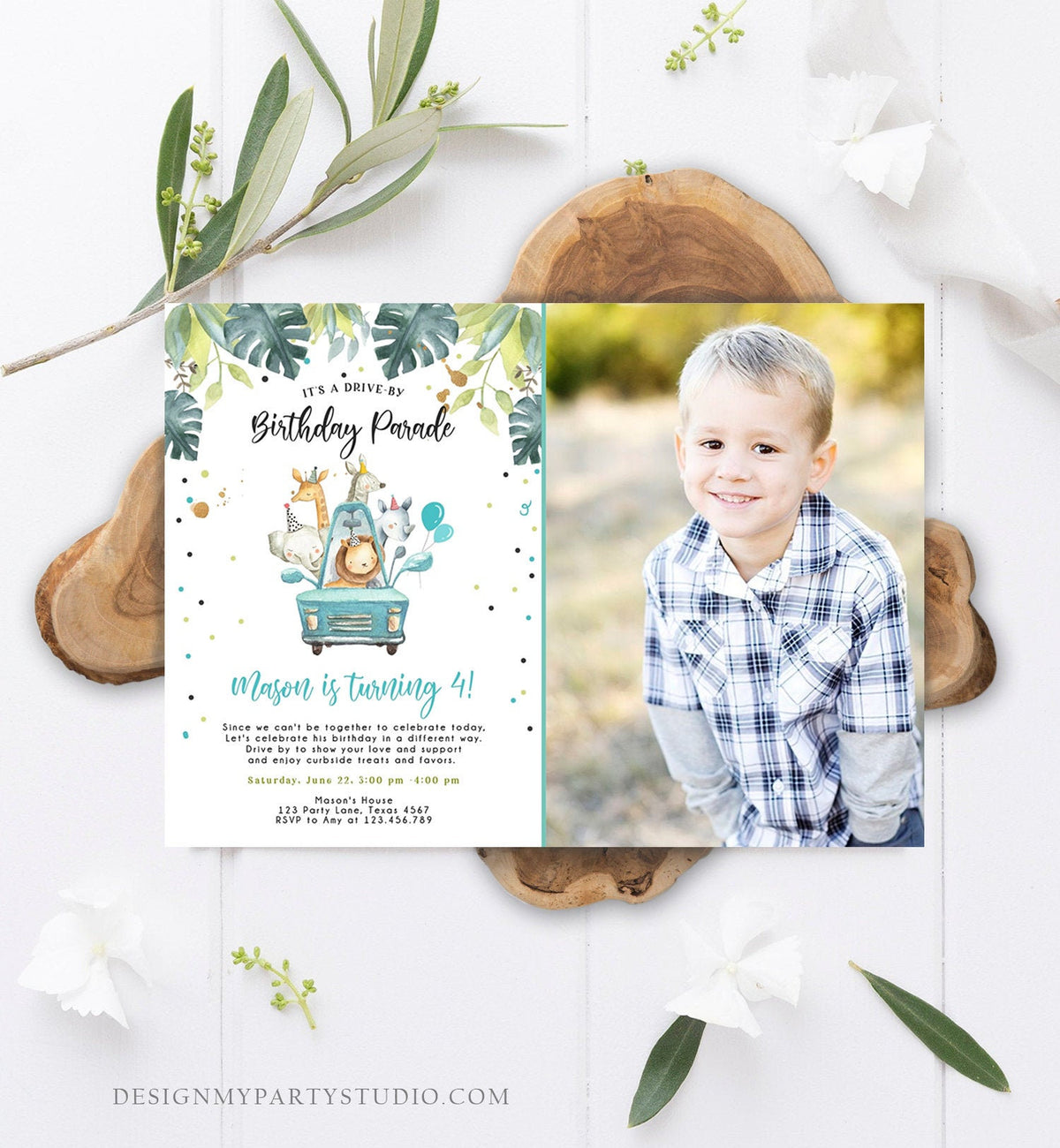 Editable Drive By Birthday Parade Invitation Boy Blue Gold Safari Animals Car Drive Through Quarantine Social Distancing Party Corjl 0163