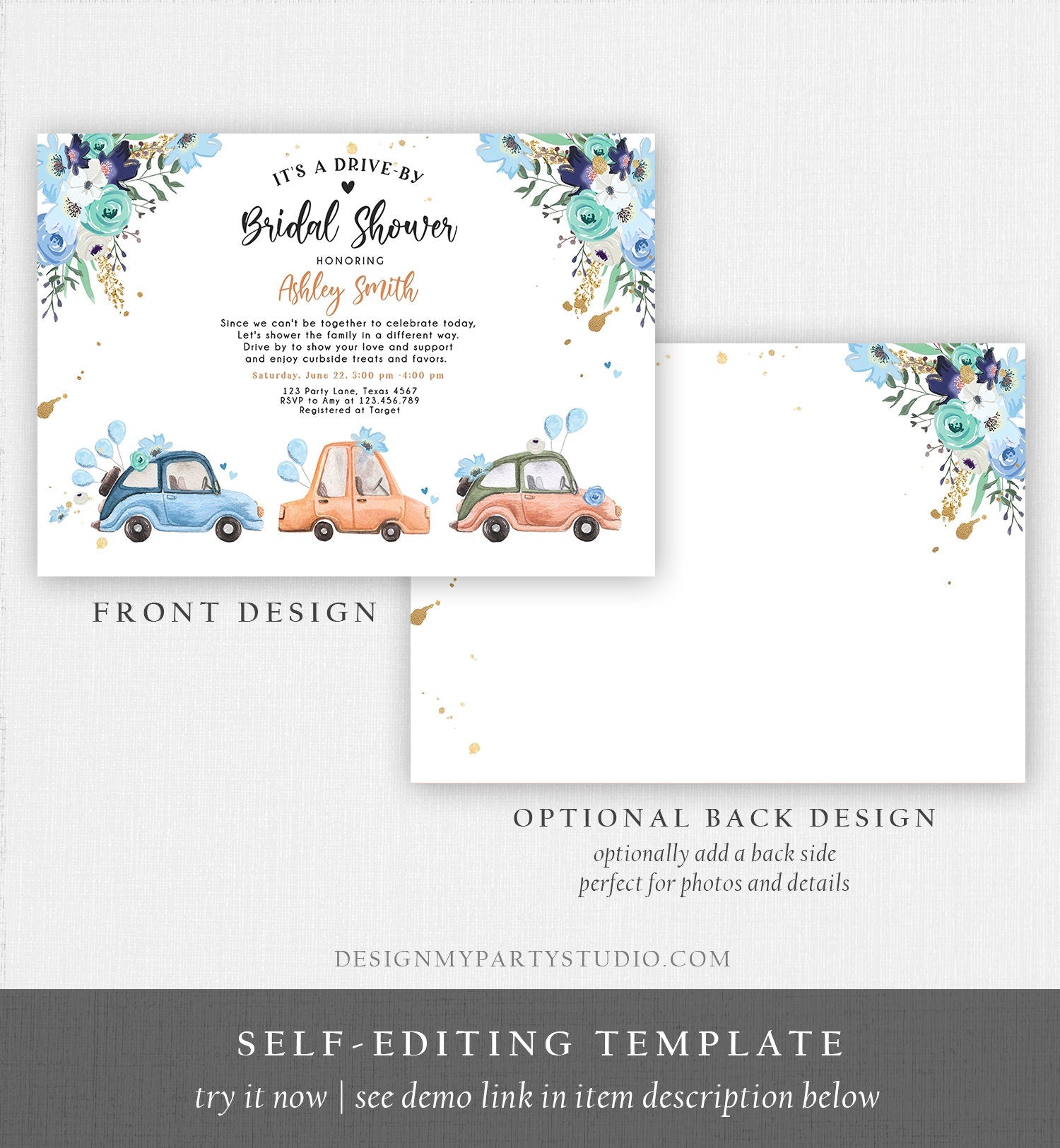 Editable Drive By Bridal Shower Invitation Navy Blue Floral Drive Through Couples Shower Social Distancing Bridal Shower Corjl Template 0335