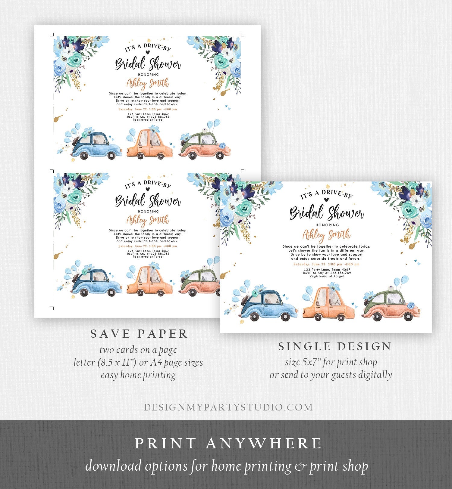 Editable Drive By Bridal Shower Invitation Navy Blue Floral Drive Through Couples Shower Social Distancing Bridal Shower Corjl Template 0335