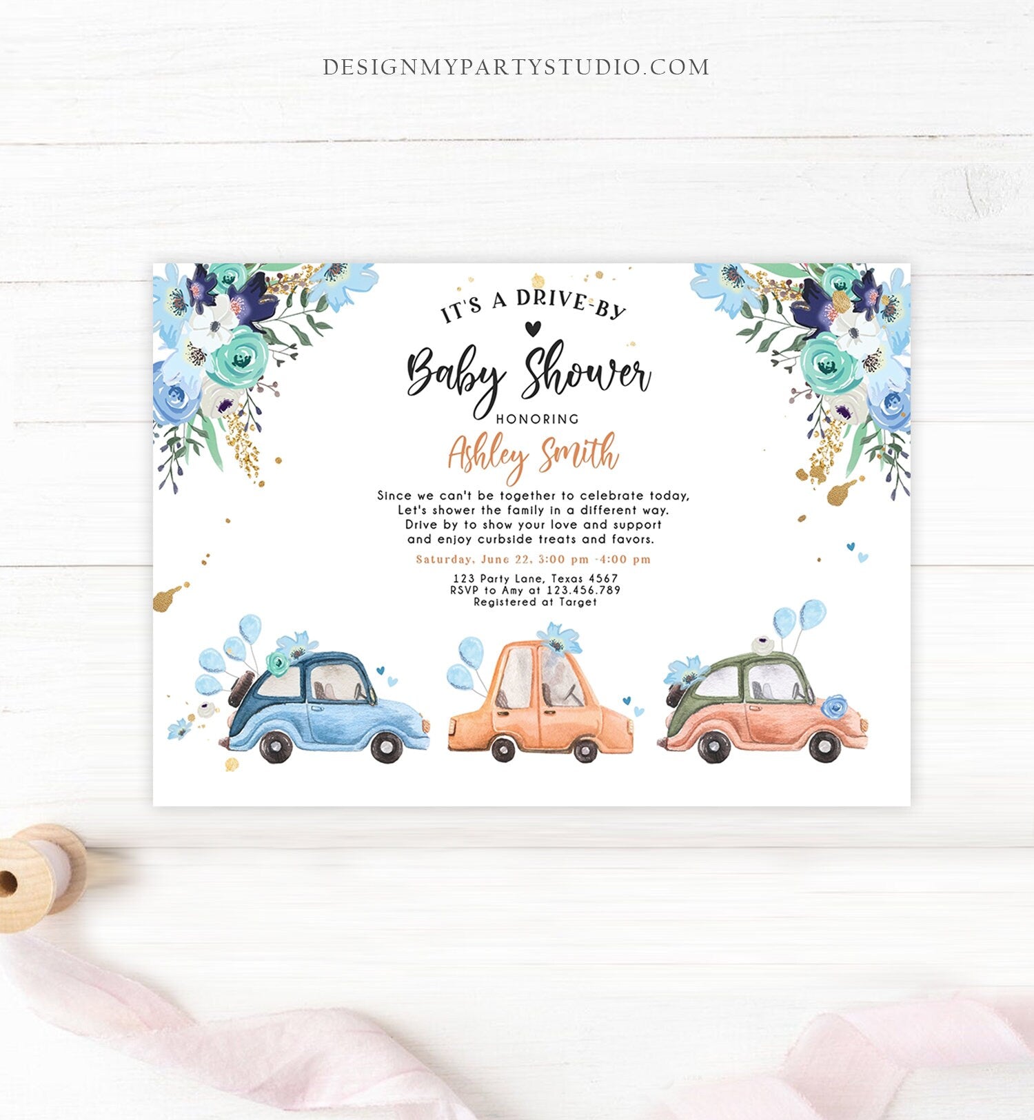 Editable Drive By Baby Shower Invitation Navy Blue Floral Boy Coed Shower Quarantine Drive Through Sprinkle Template Download Corjl 0335