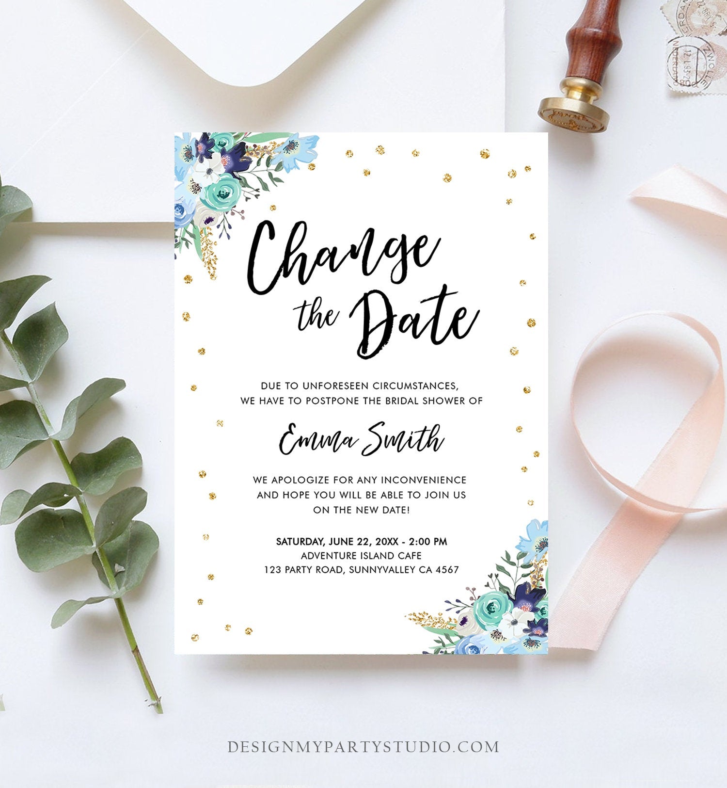 Editable Change the Date Announcement Bridal Shower Wedding Postponement Change of Plans Confetti Gold Blue Floral Corjl Template 0030