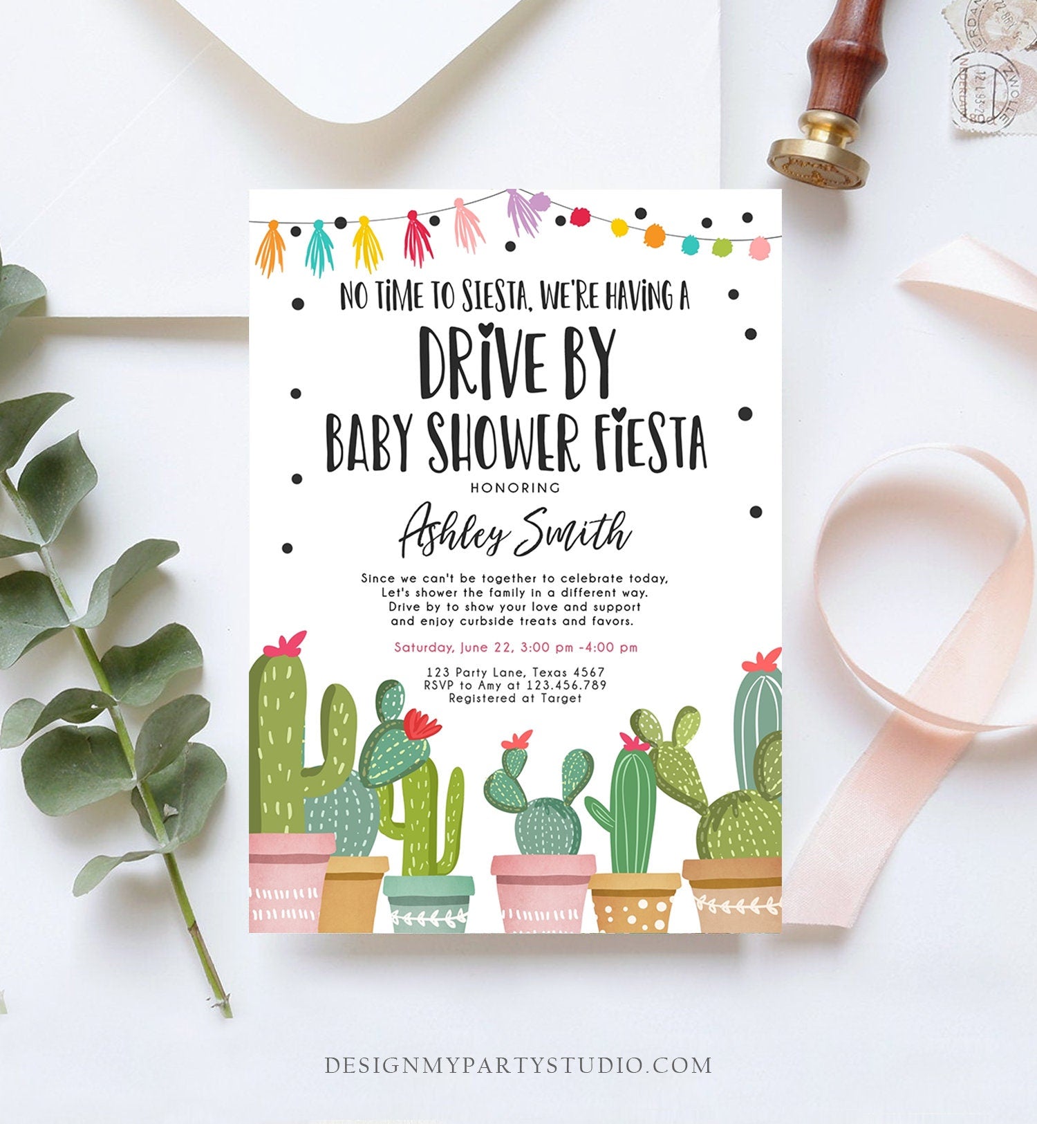 Editable Drive By Baby Shower Fiesta Invitation Cactus No Time to Siesta Coed Shower Drive Through Quarantine Sprinkle Corjl Template 0254