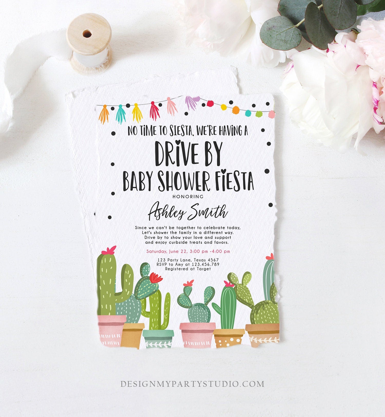 Editable Drive By Baby Shower Fiesta Invitation Cactus No Time to Siesta Coed Shower Drive Through Quarantine Sprinkle Corjl Template 0254