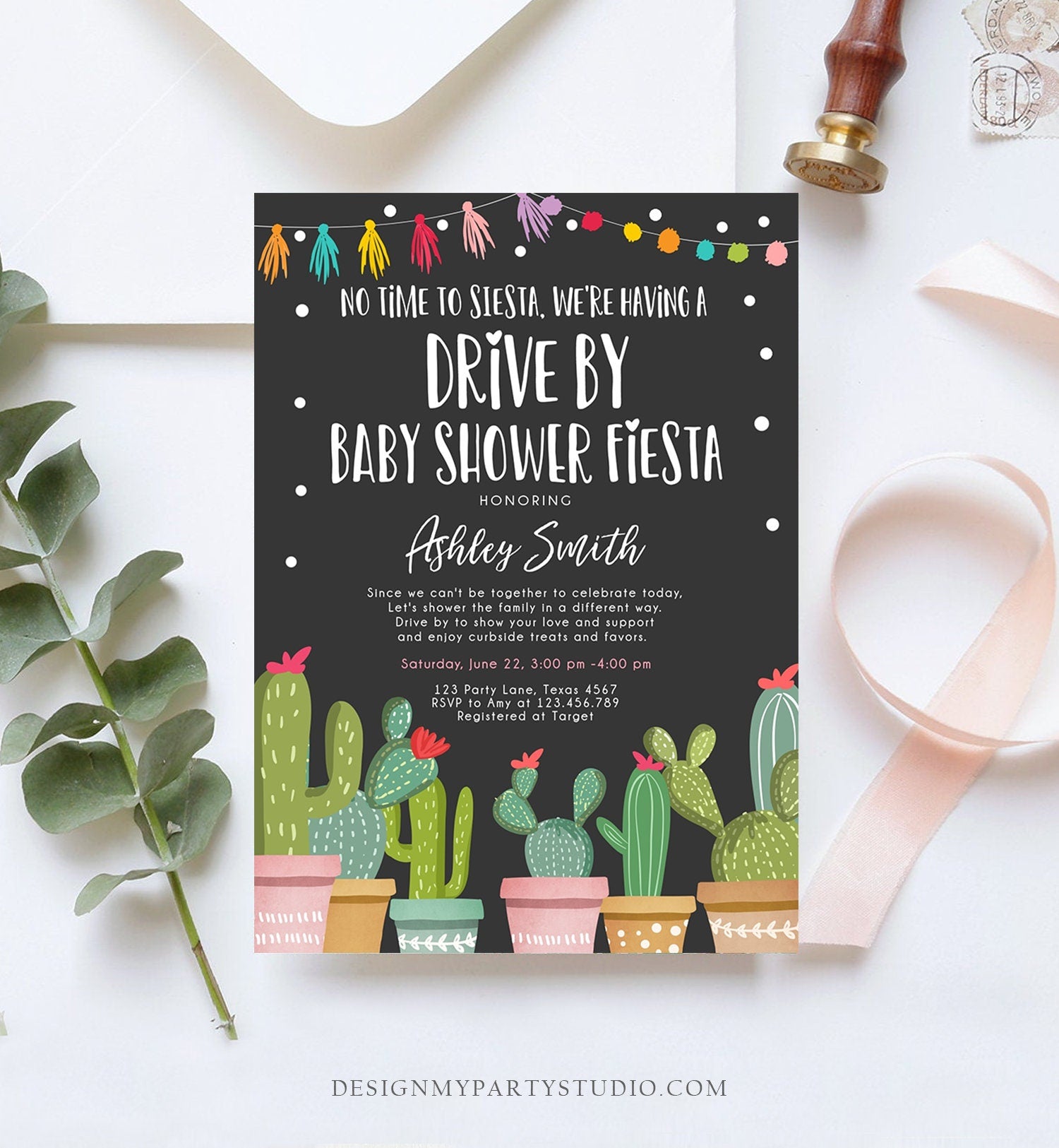 Editable Drive By Baby Shower Fiesta Invitation Cactus No Time to Siesta Coed Shower Drive Through Quarantine Sprinkle Corjl Template 0254