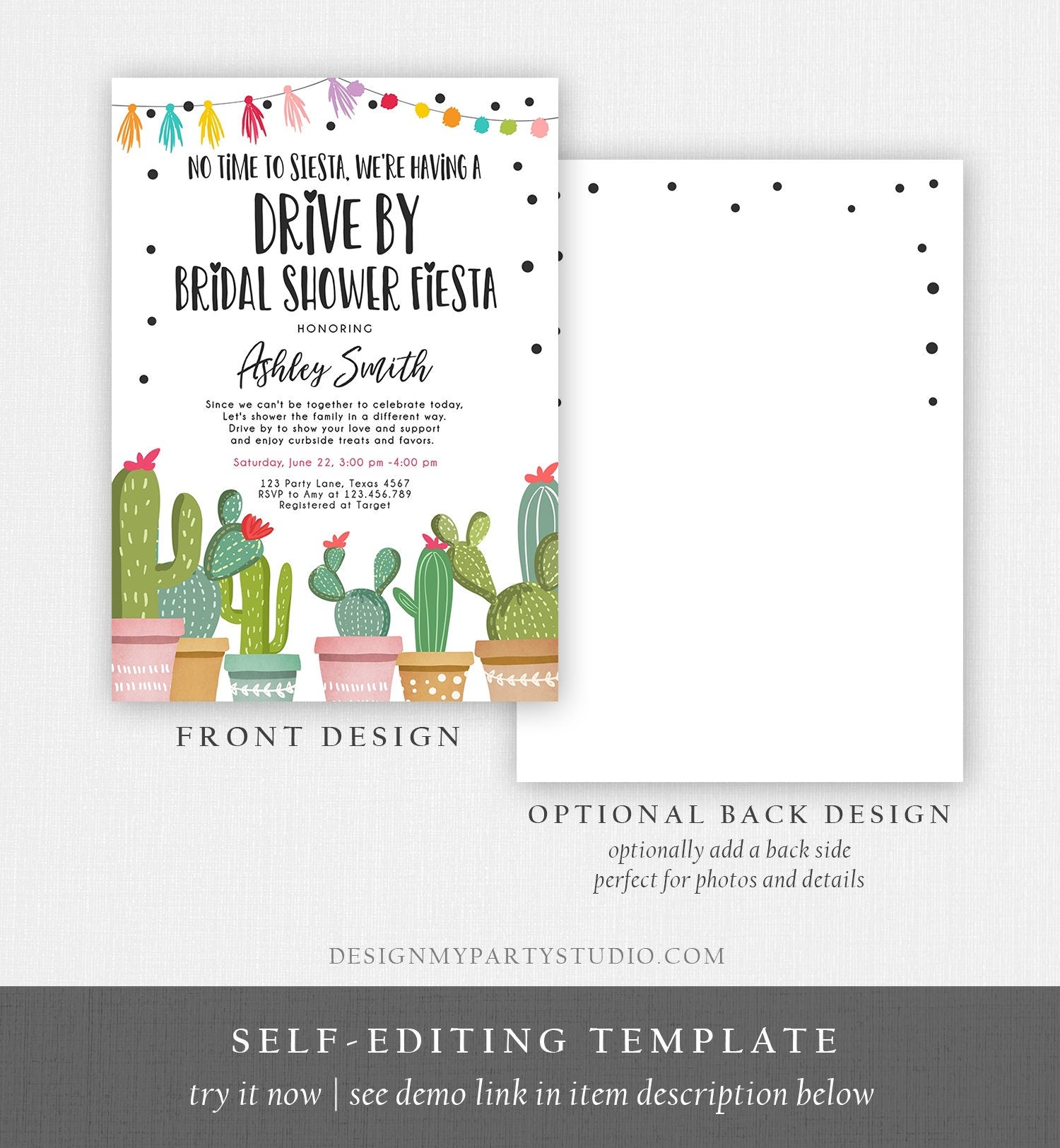 Editable Drive By Bridal Shower Fiesta Invitation Cactus No Time to Siesta Couples Shower Drive Through Quarantine Corjl Template 0254