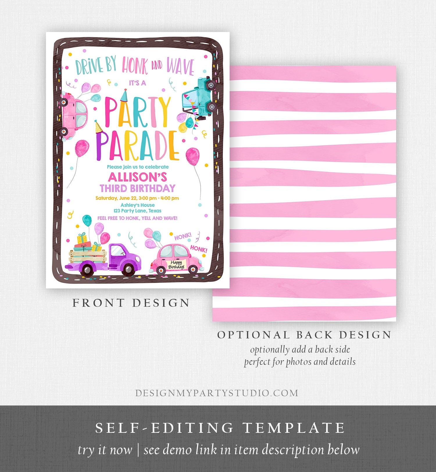 Editable Drive By Birthday Parade Invitation Virtual Party Invite Honk Wave Car Girl Pink Quarantine Instant Download Digital Corjl 0333