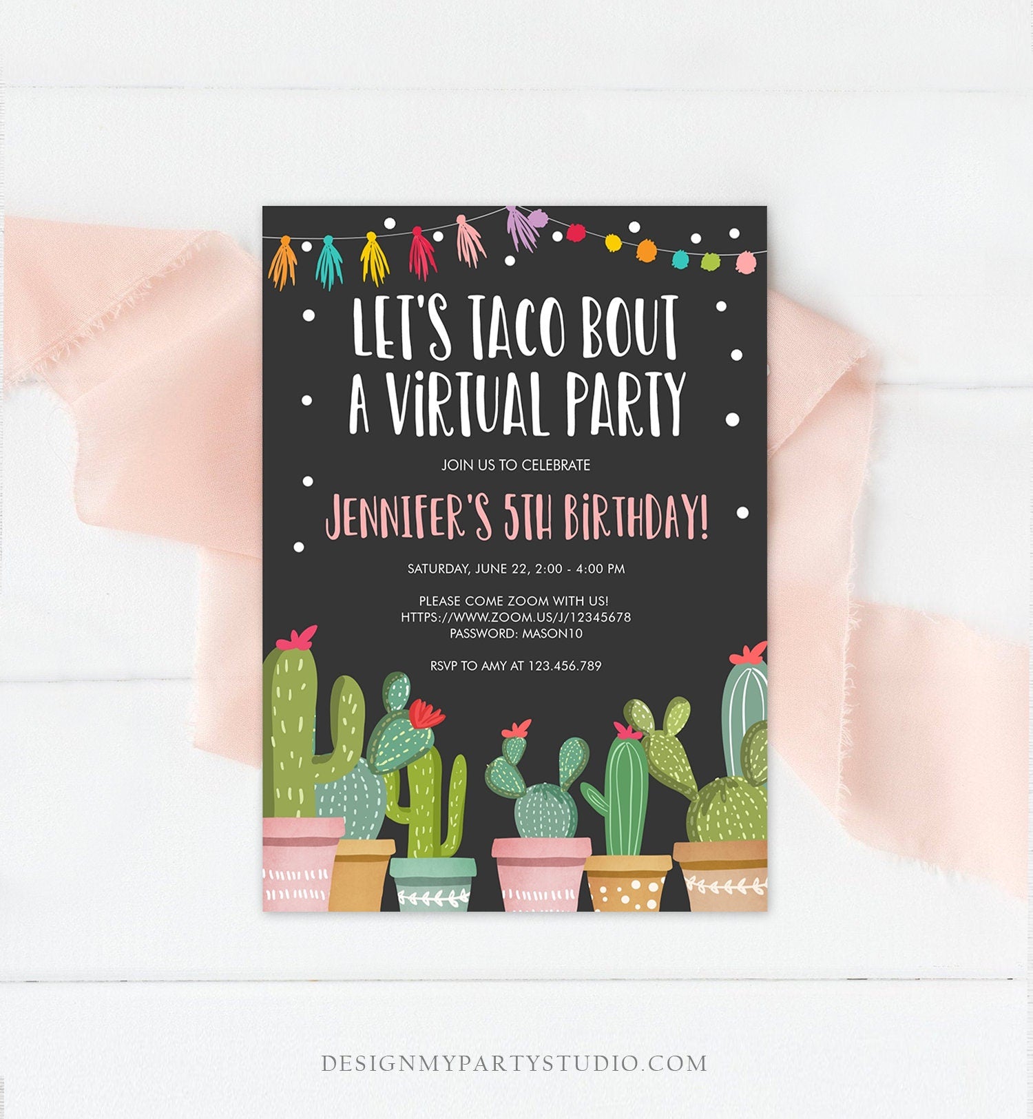 Editable Taco Bout a Virtual Party Birthday Invitation Fiesta Cactus Zoom Party Video Chat Quarantine Party Distancing Corjl Template 0254