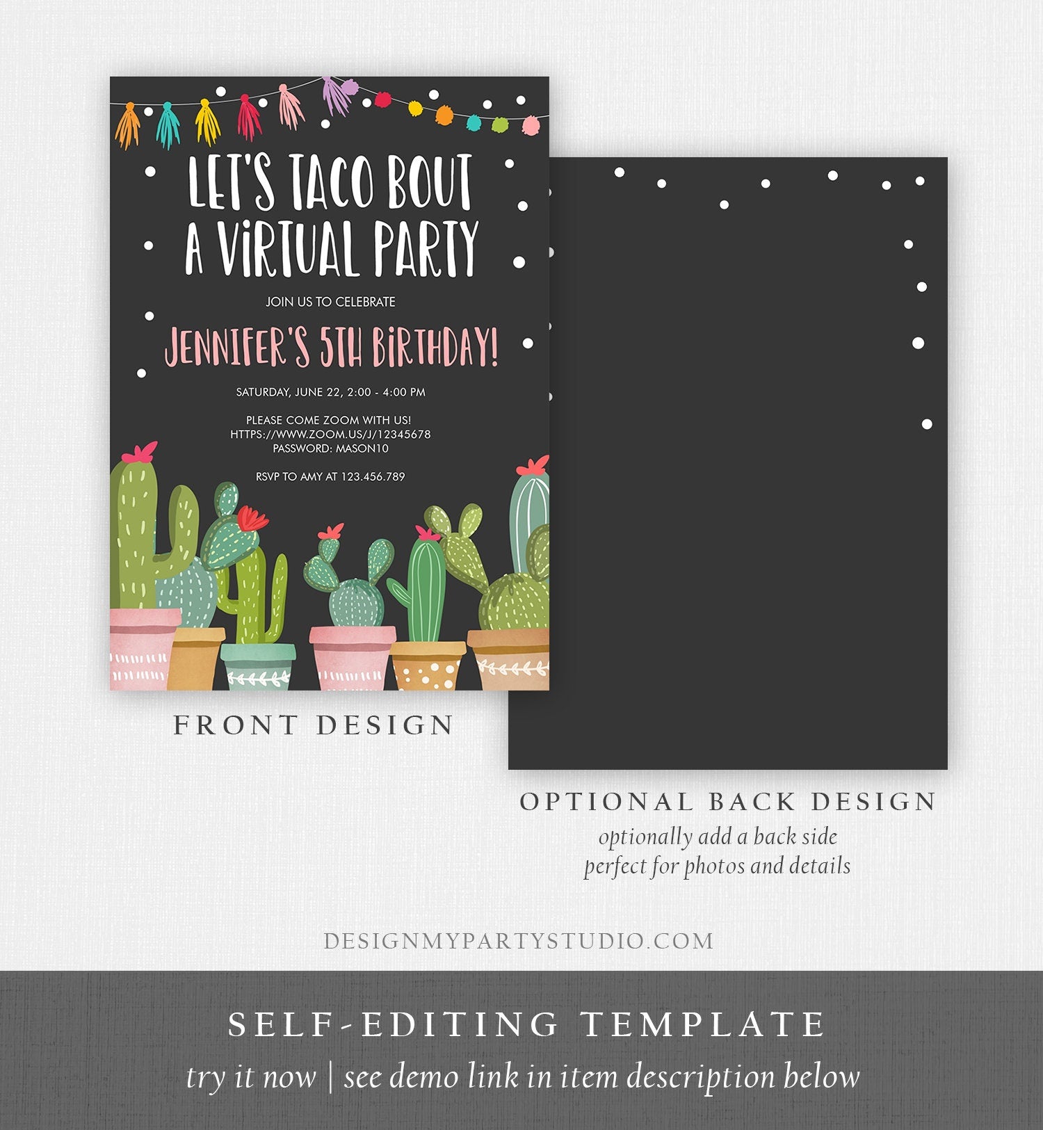 Editable Taco Bout a Virtual Party Birthday Invitation Fiesta Cactus Zoom Party Video Chat Quarantine Party Distancing Corjl Template 0254