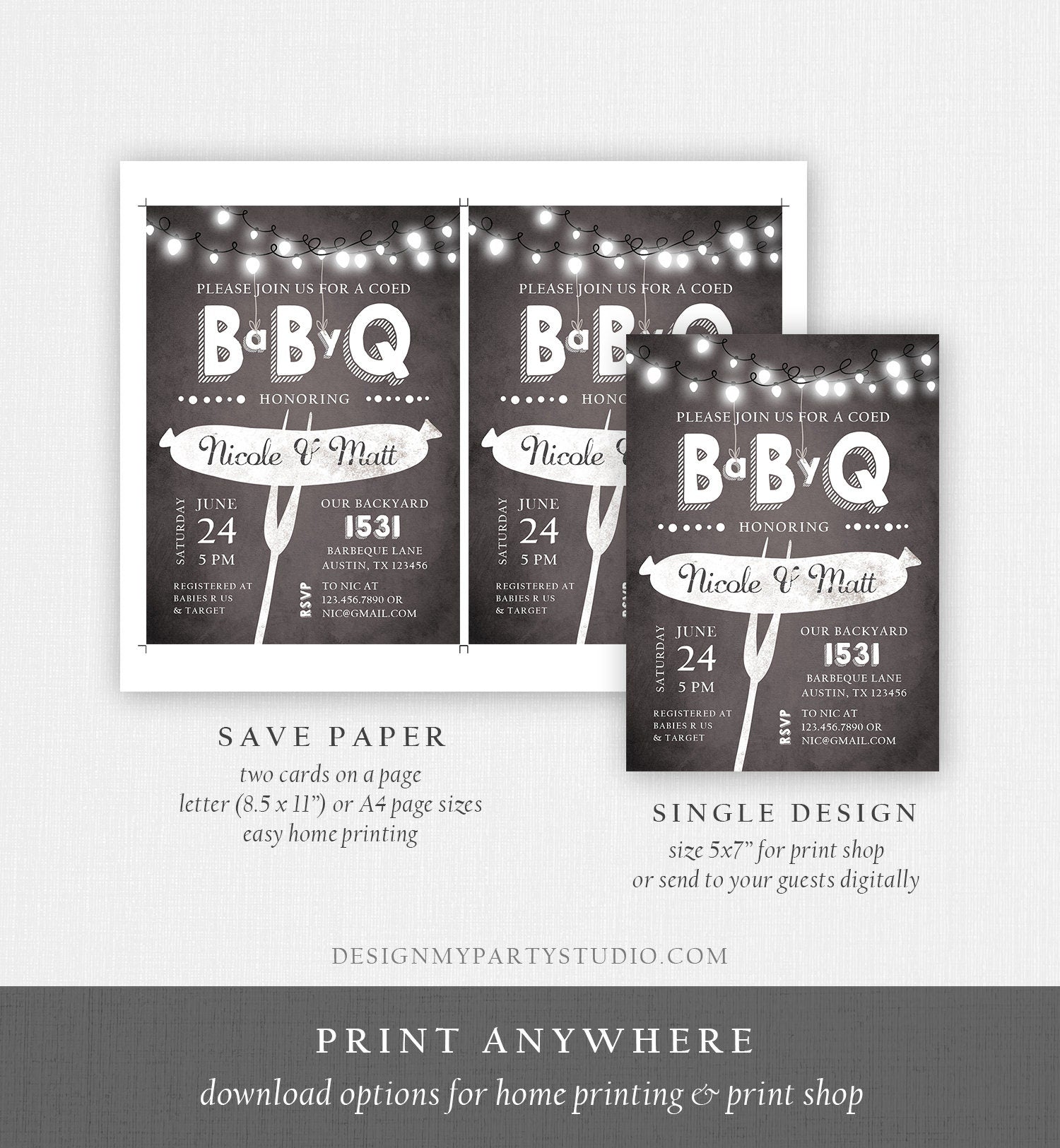 Editable Baby Q Invitation Coed BBQ Baby Shower Rustic String Lights Jars Gender Neutral Baby-Q Chalk Backyard Corjl Template Printable 0145