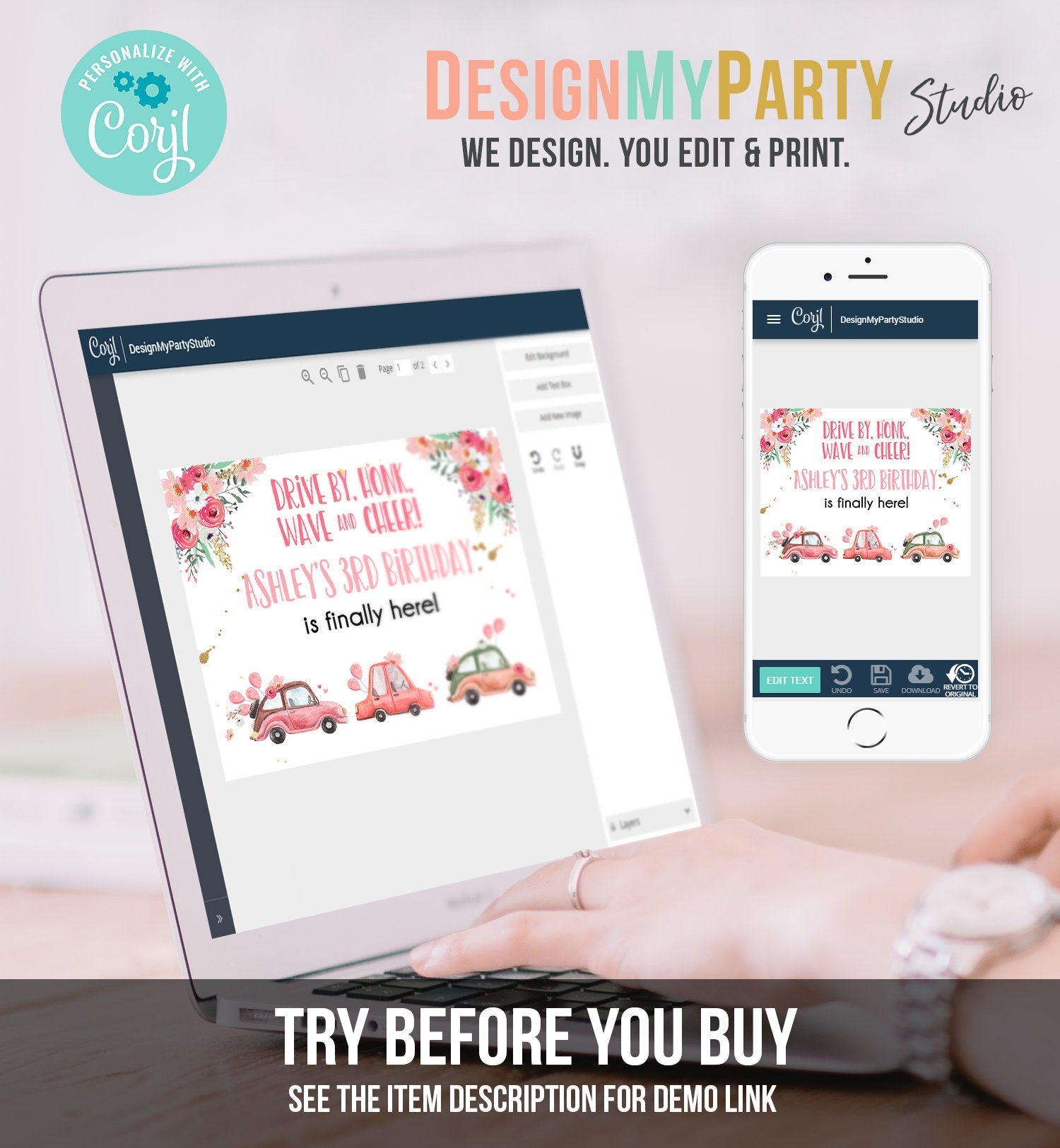 Editable Drive By Birthday Sign Welcome Girl Quarantine Party Poster Welcome Birthday Parade Sign Pink Floral Template PRINTABLE Corjl 0335