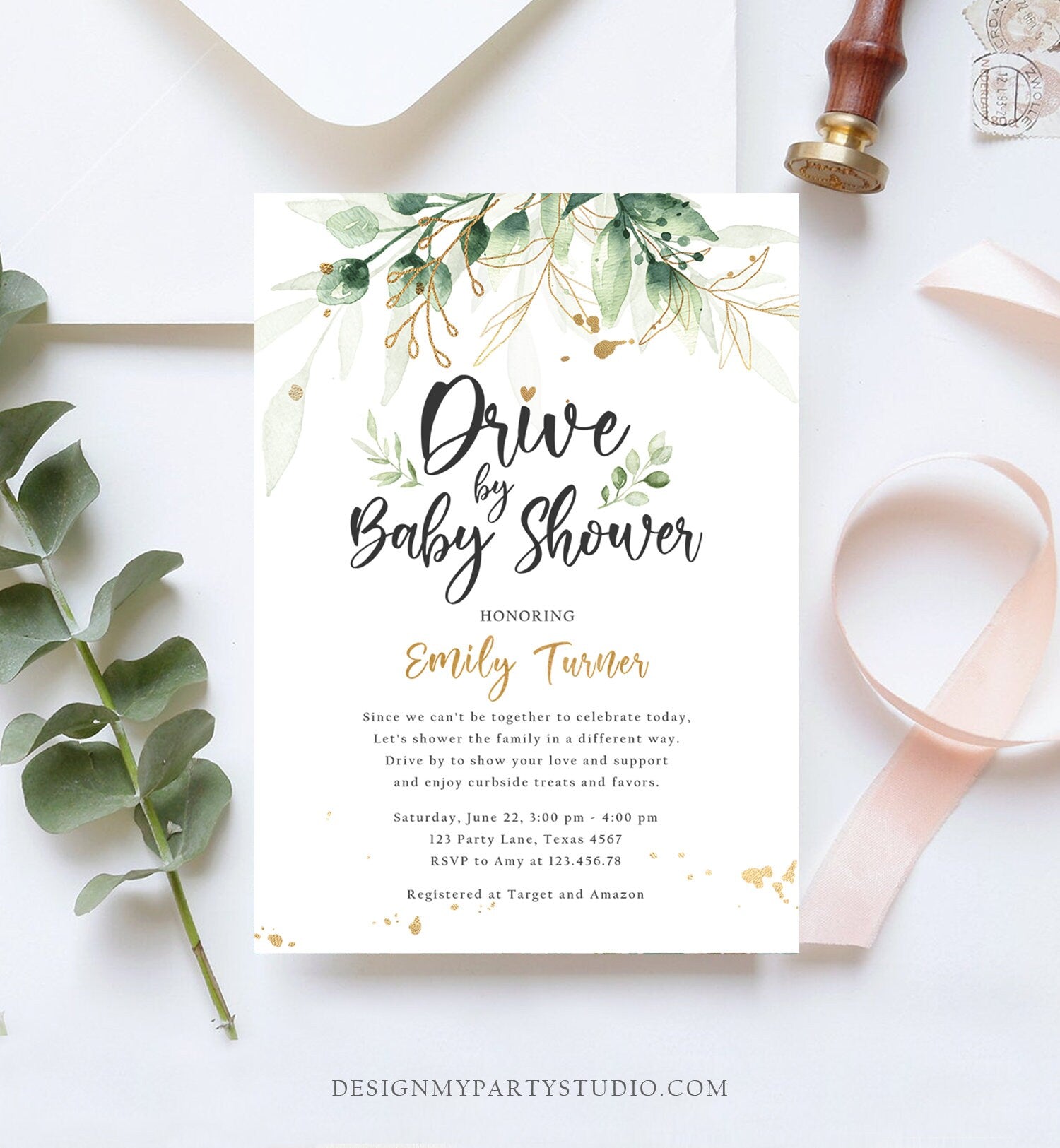 Editable Drive By Baby Shower Invitation Drive Through Social Distancing Gold Green Floral Greenery Couples Shower Green Corjl Template 0168