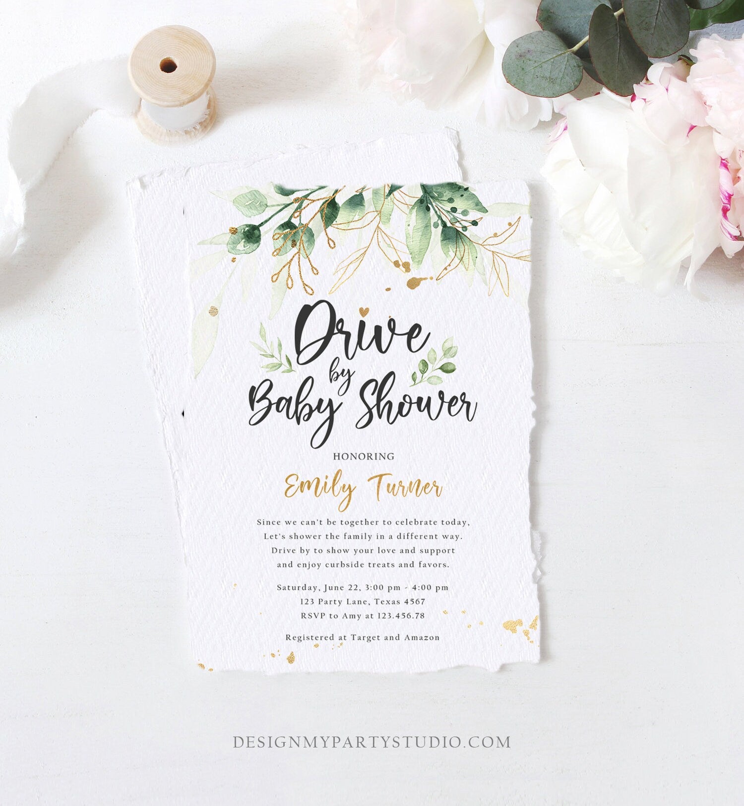 Editable Drive By Baby Shower Invitation Drive Through Social Distancing Gold Green Floral Greenery Couples Shower Green Corjl Template 0168