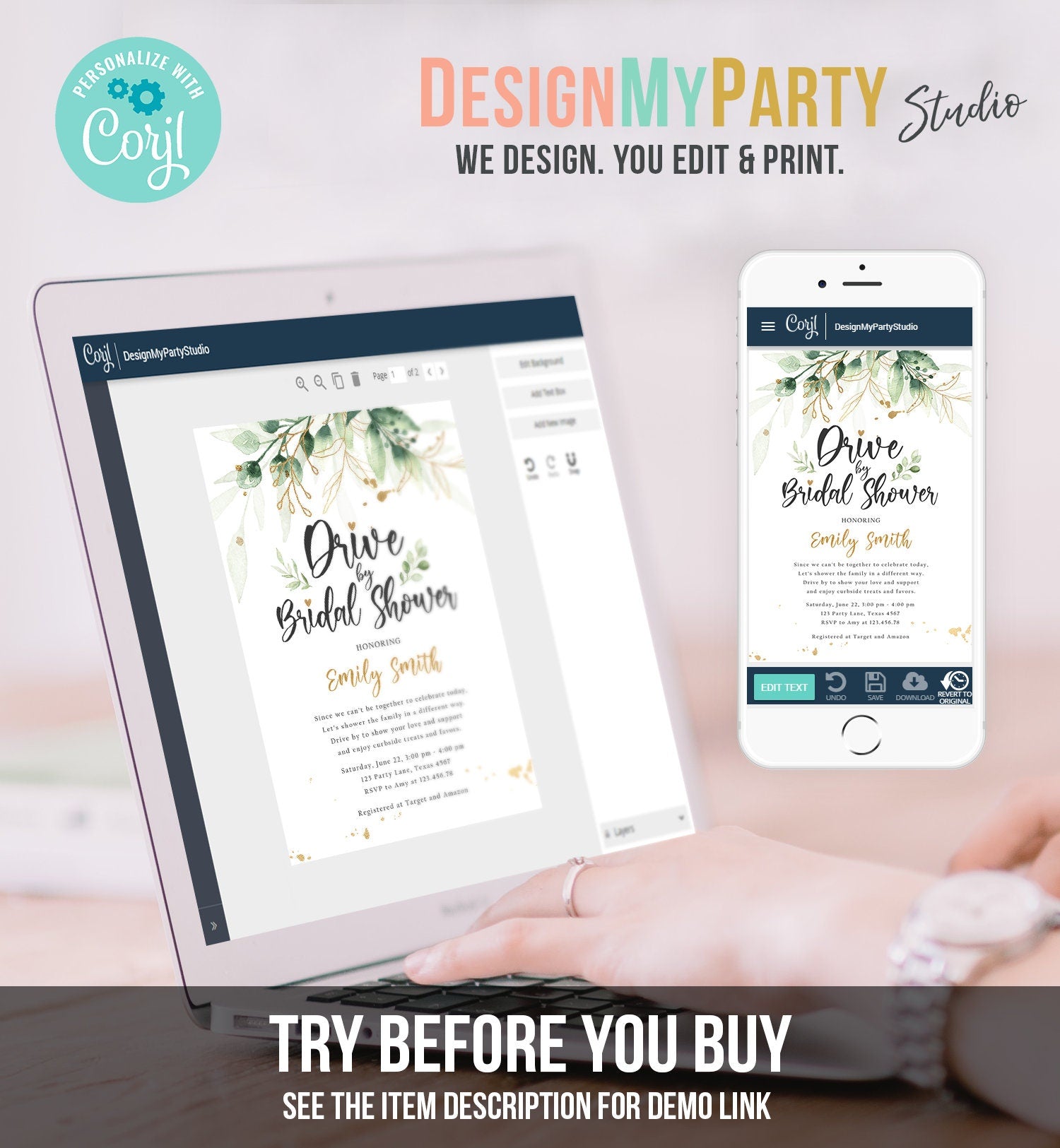 Editable Drive By Bridal Shower Invitation Drive Through Social Distancing Gold Floral Greenery Couples Coed Shower Corjl Template 0168