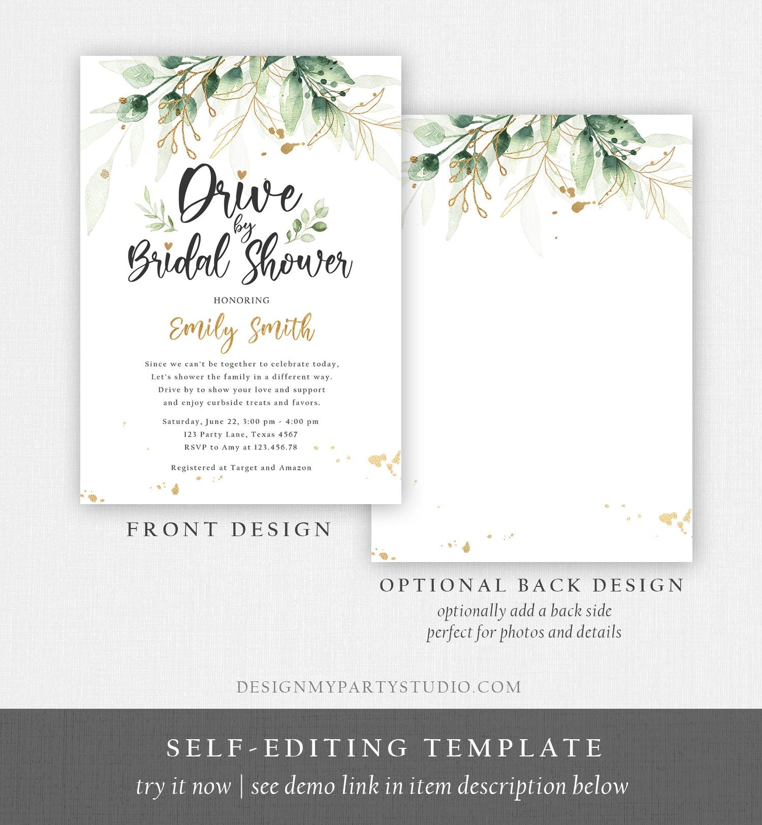 Editable Drive By Bridal Shower Invitation Drive Through Social Distancing Gold Floral Greenery Couples Coed Shower Corjl Template 0168