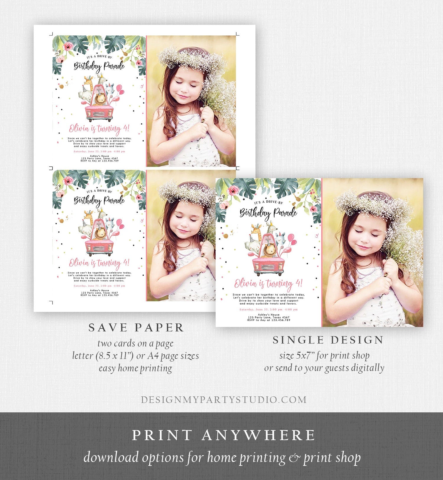 Editable Drive By Birthday Parade Invitation Girl Pink Gold Safari Animals Car Drive Through Quarantine Social Distancing Party Corjl 0345