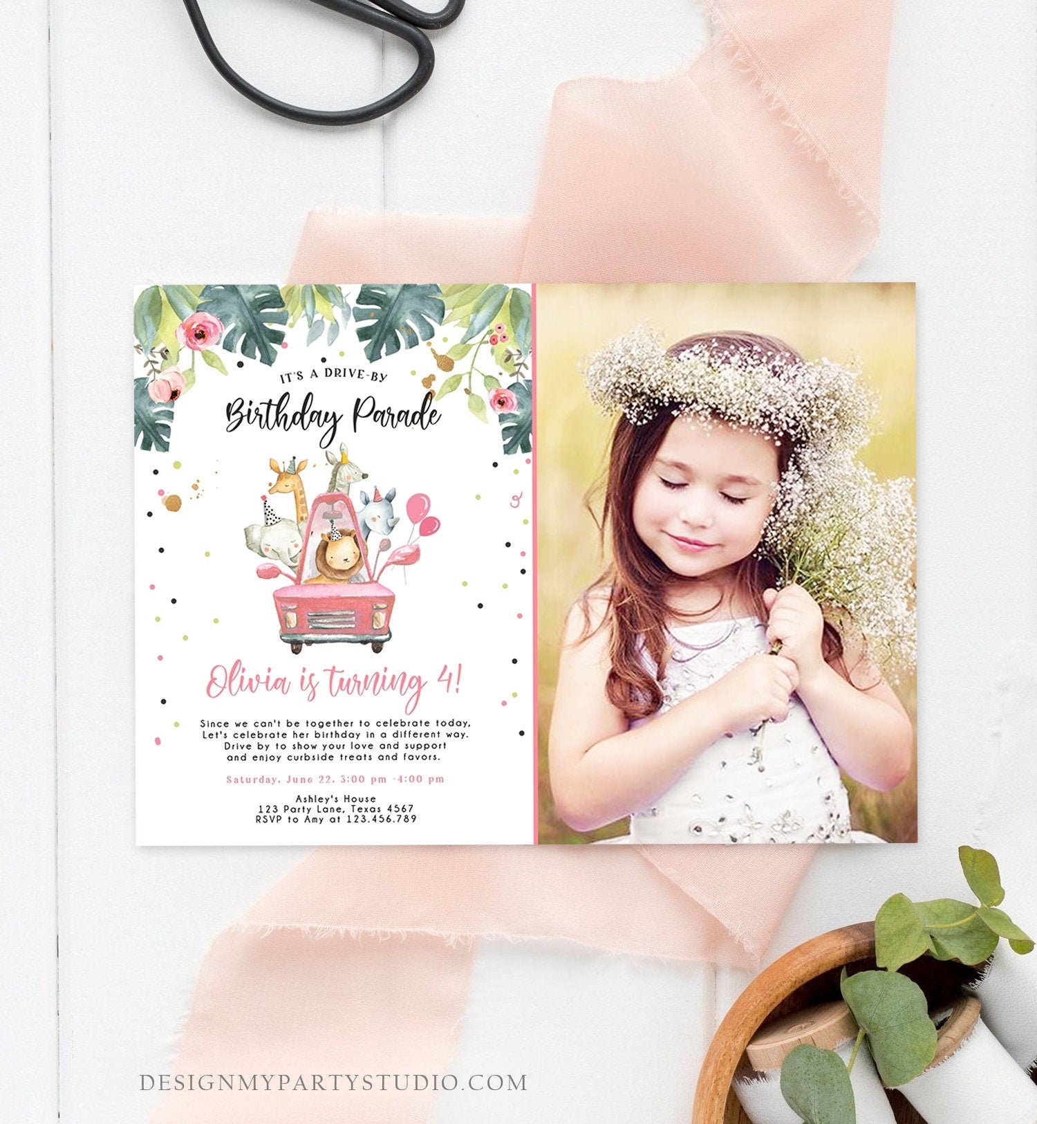 Editable Drive By Birthday Parade Invitation Girl Pink Gold Safari Animals Car Drive Through Quarantine Social Distancing Party Corjl 0345