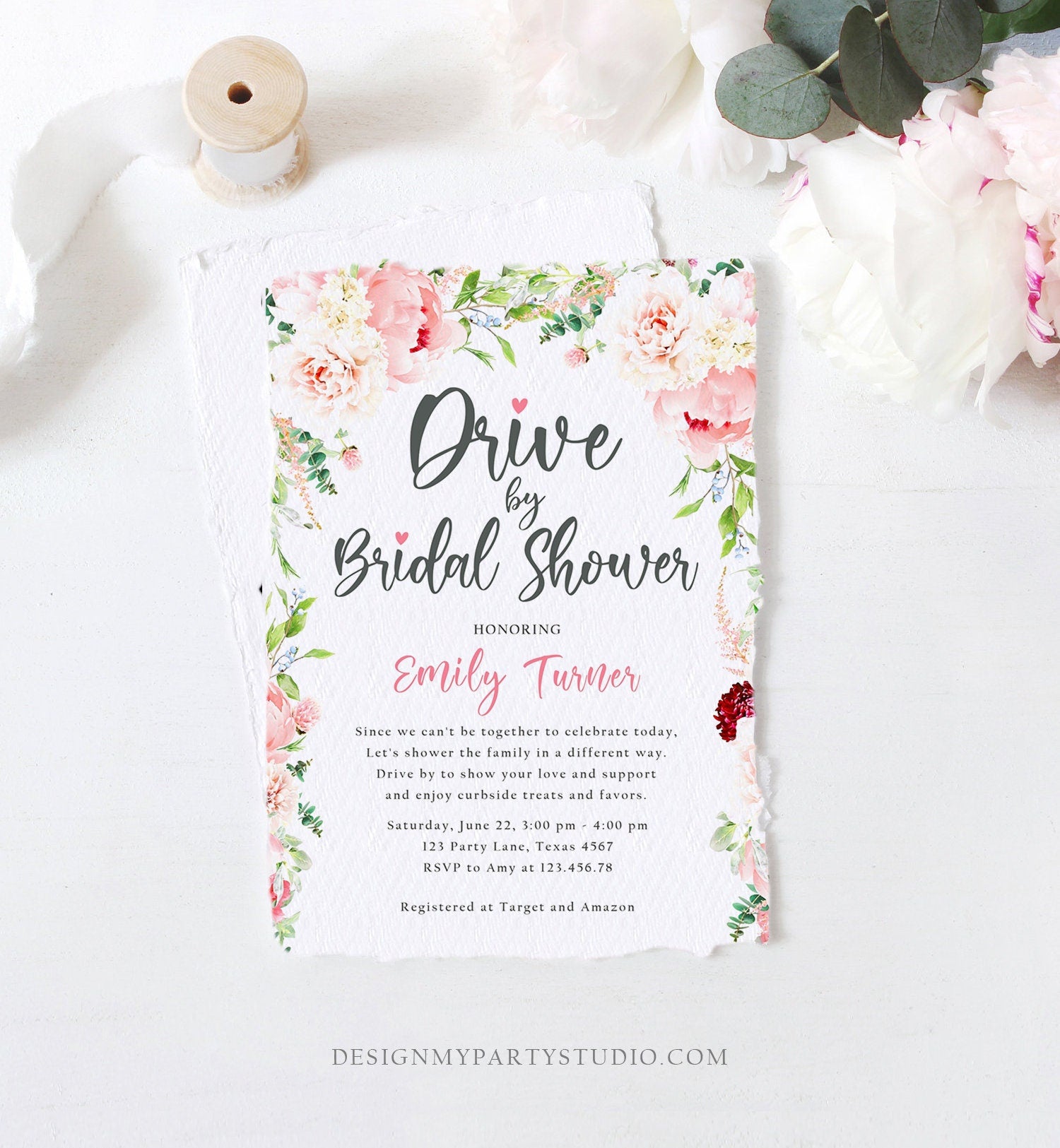 Editable Drive By Bridal Shower Invitation Drive Through Social Distancing Peony Floral Botanical Couples Coed Shower Corjl Template 0168