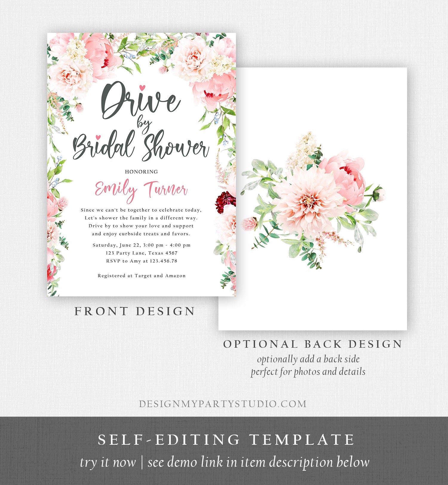 Editable Drive By Bridal Shower Invitation Drive Through Social Distancing Peony Floral Botanical Couples Coed Shower Corjl Template 0168