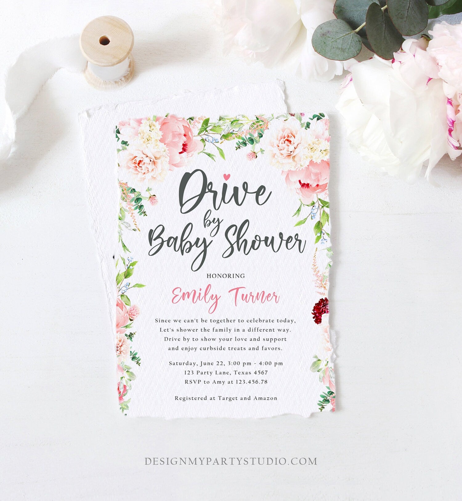 Editable Drive By Baby Shower Invitation Drive Through Social Distancing Peony Floral Botanical Couples Coed Shower Corjl Template 0168