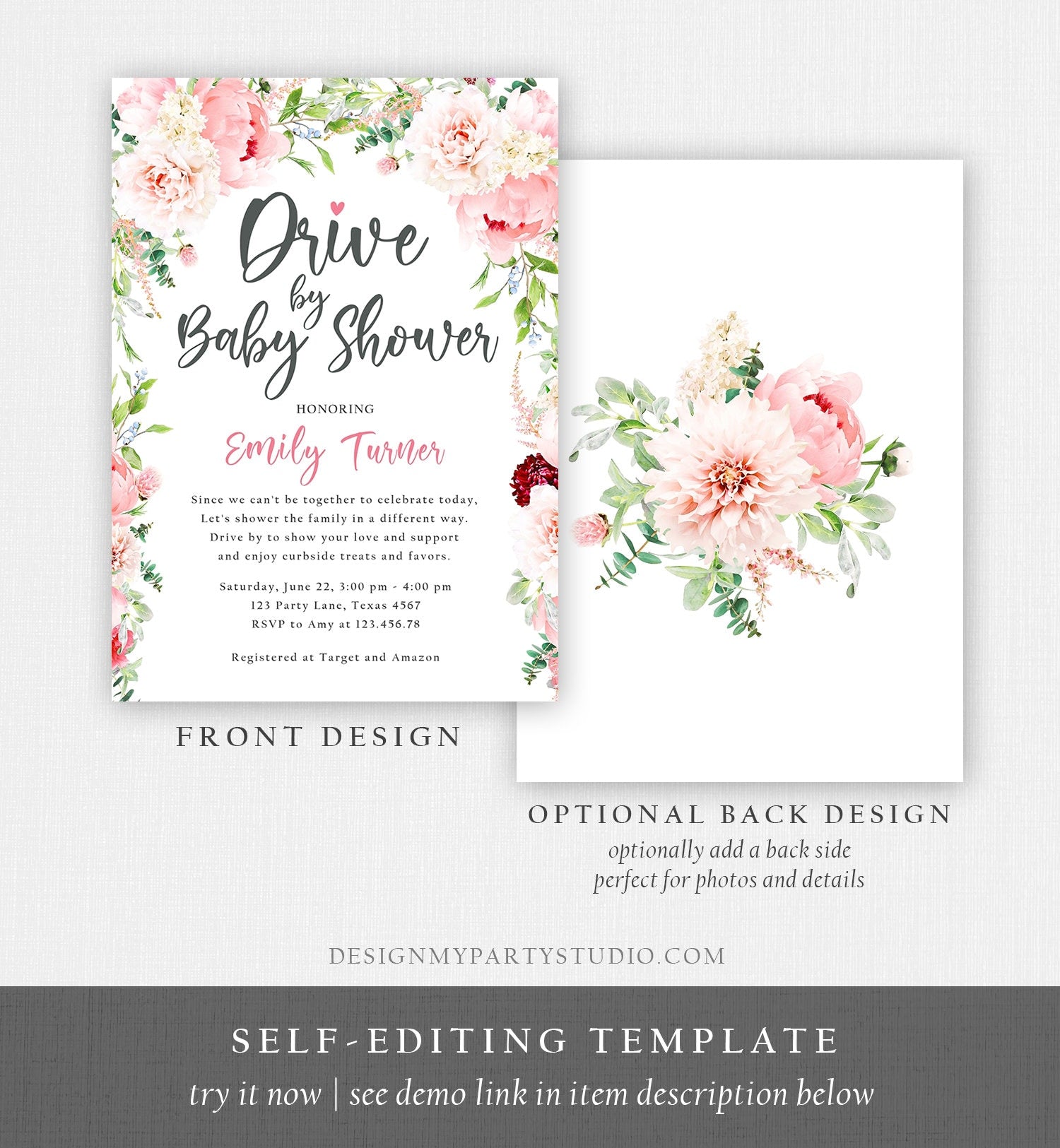 Editable Drive By Baby Shower Invitation Drive Through Social Distancing Peony Floral Botanical Couples Coed Shower Corjl Template 0168