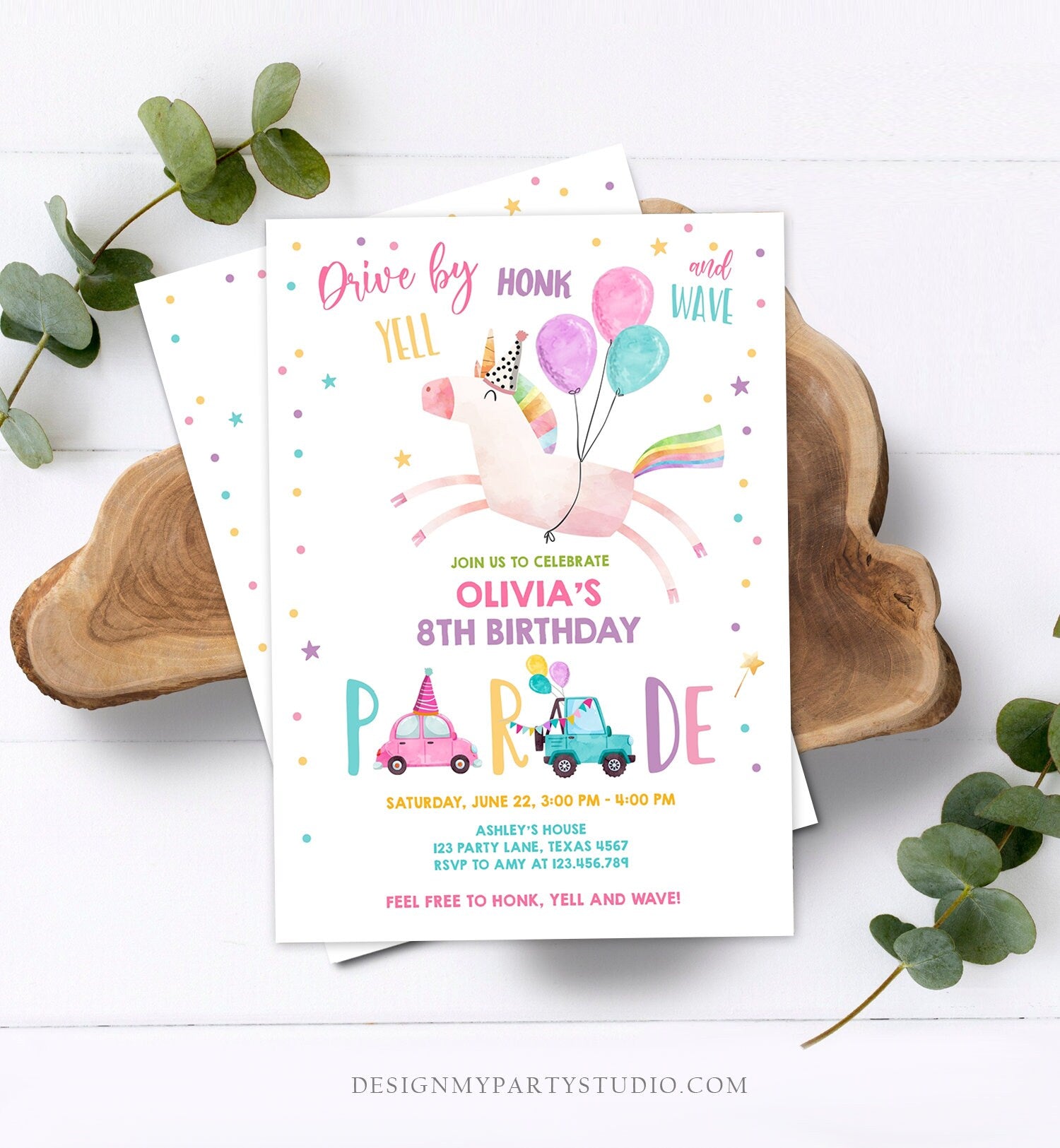 Editable Unicorn Drive By Birthday Parade Invitation Virtual Party Invite Honk Wave Car Girl Pink Quarantine Download Digital Corjl 0336