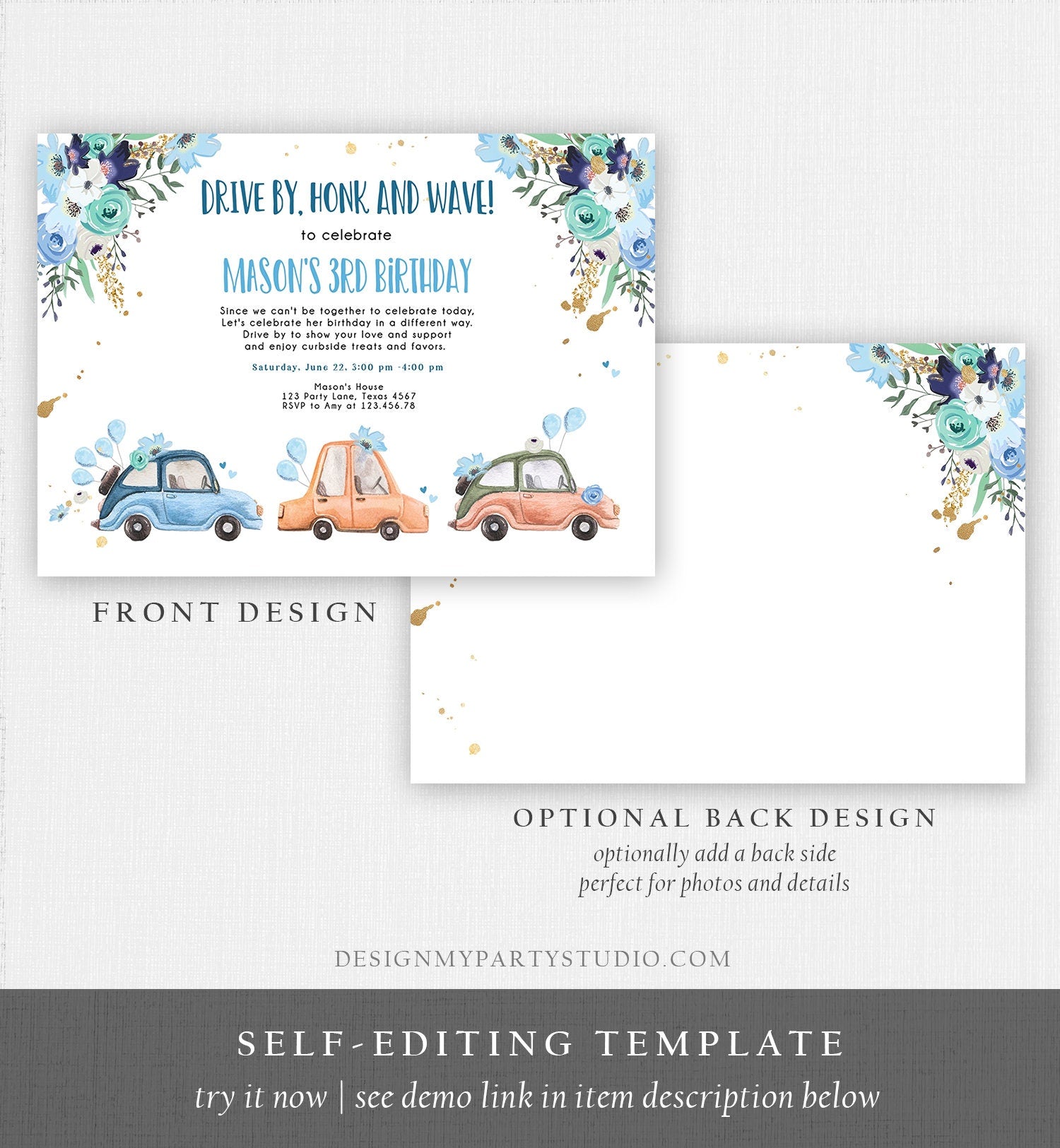 Editable Drive By Birthday Parade Invitation Virtual Party Invite Honk Wave Car Boy Blue Quarantine Drive Through Corjl Template 0335