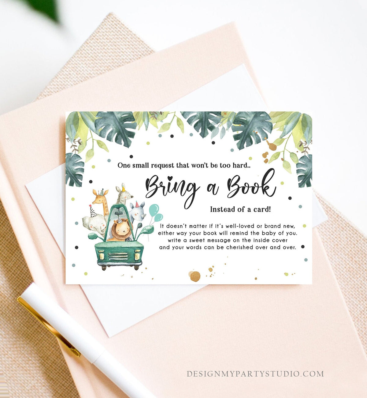 Editable Drive By Bring a Book Card Baby Shower Safari Animals Navy Blue Floral Boy Drive Through Request Insert Ticket Corjl Template 0345