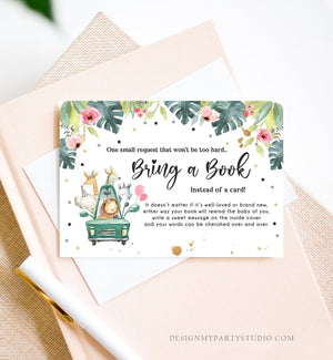 Editable Drive By Bring a Book Card Baby Shower Safari Animals Pink Floral Girl Drive Through Request Insert Ticket Corjl Template 0345