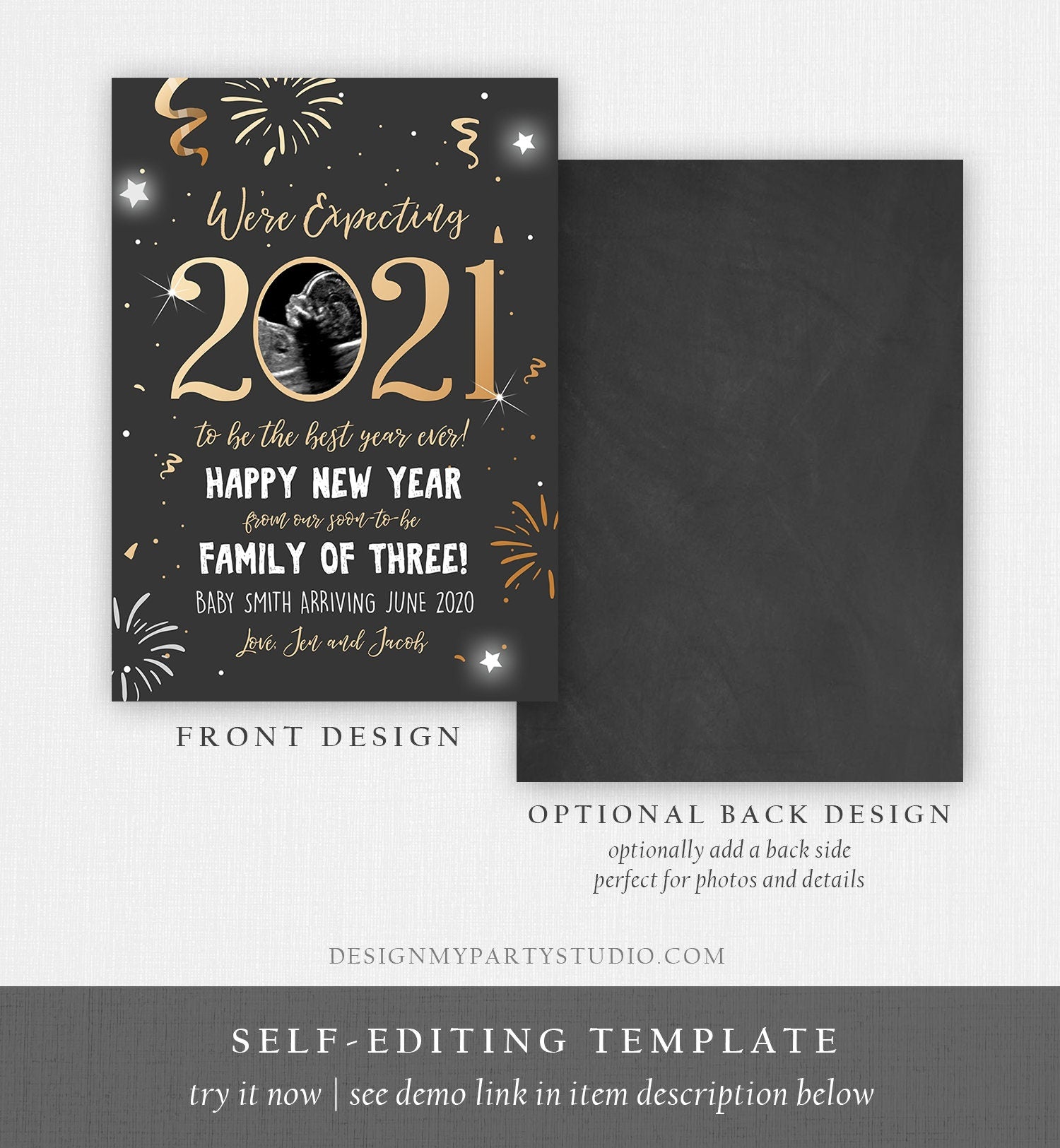 Editable New Year Pregnancy Reveal Card Pregnancy Announcement New Years 2021 Ultrasound Card Instant Download Digital Corjl Template 0280