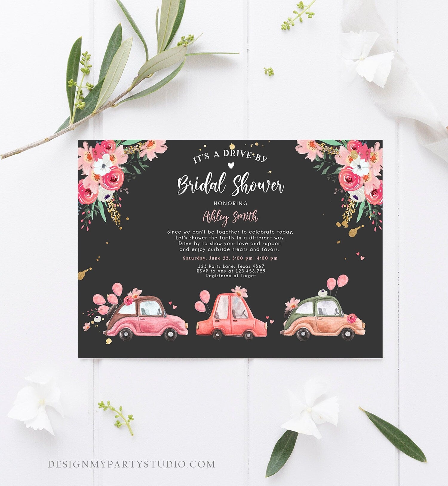 Editable Drive By Bridal Shower Invitation Couples Shower Invite Quarantine Drive Through Floral Wedding Shower Template Download Corjl 0335