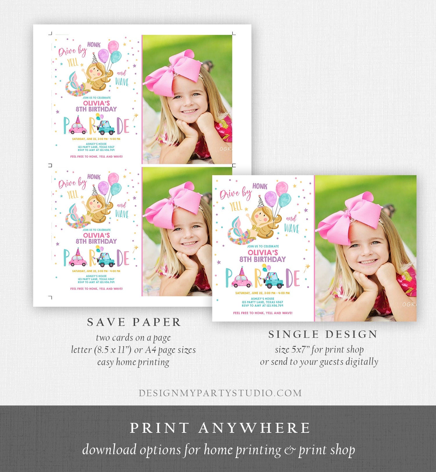 Editable Mermaid Drive By Birthday Parade Invitation Virtual Party Invite Honk Wave Car Girl Pink Quarantine Download Digital Corjl 0338