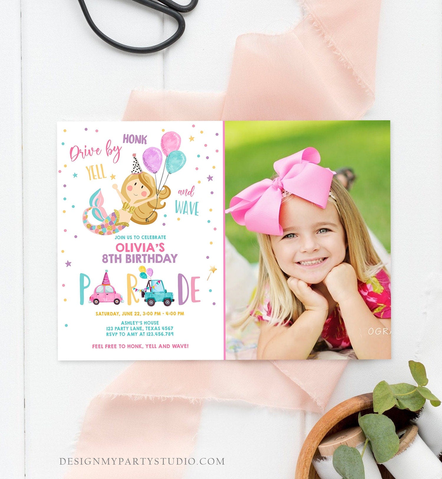 Editable Mermaid Drive By Birthday Parade Invitation Virtual Party Invite Honk Wave Car Girl Pink Quarantine Download Digital Corjl 0338