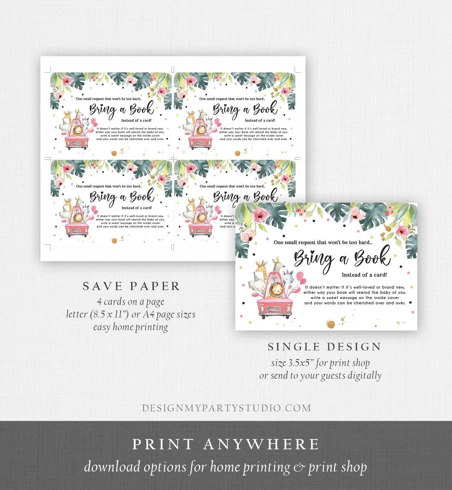 Editable Drive By Bring a Book Card Baby Shower Safari Animals Pink Floral Girl Drive Through Request Insert Ticket Corjl Template 0345