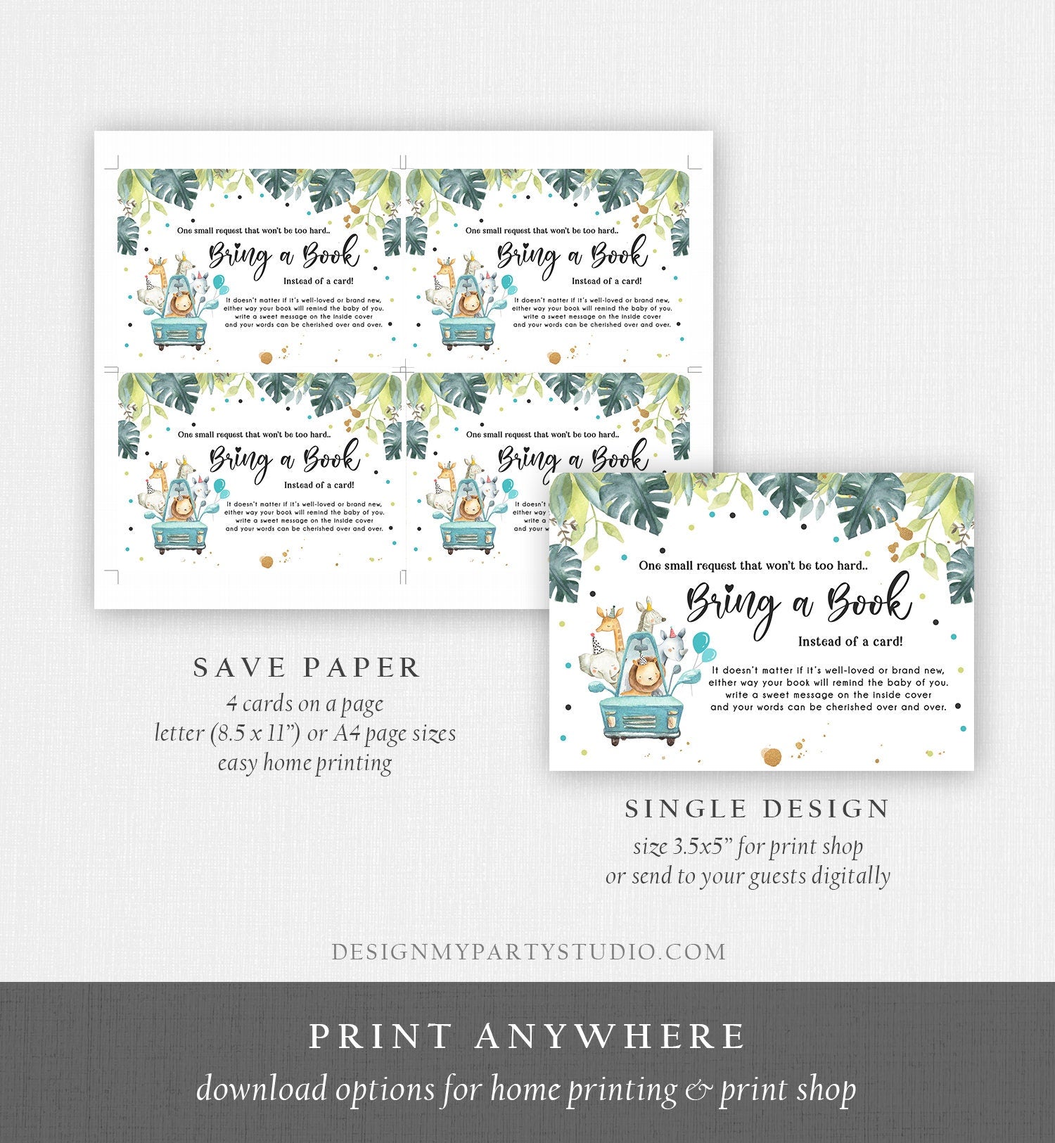 Editable Drive By Bring a Book Card Baby Shower Safari Animals Navy Blue Floral Boy Drive Through Request Insert Ticket Corjl Template 0345