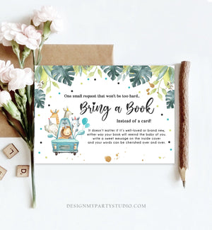 Editable Drive By Bring a Book Card Baby Shower Safari Animals Navy Blue Floral Boy Drive Through Request Insert Ticket Corjl Template 0345