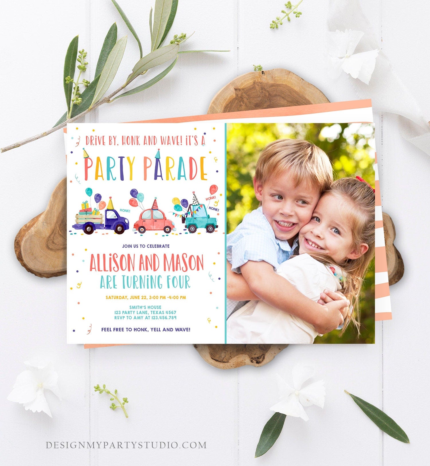 Editable Drive By Birthday Parade Invitation Virtual Party Invite Girl Boy Twin Joint Birthday Quarantine Download Digital Corjl 0333