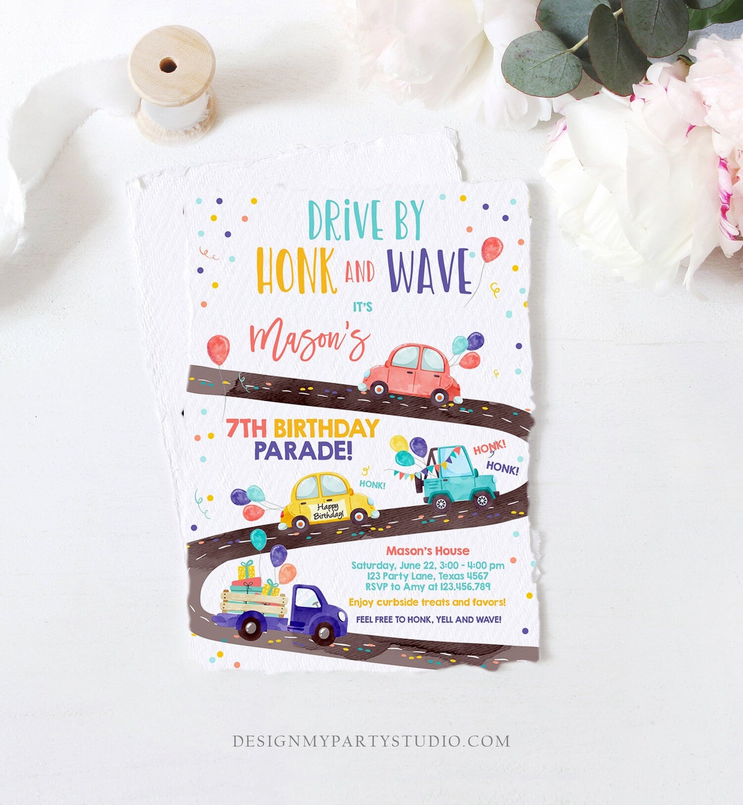 Editable Drive By Birthday Parade Invitation Virtual Party Invite Honk Wave Car Boy Girl Quarantine Instant Download Digital Corjl 0333