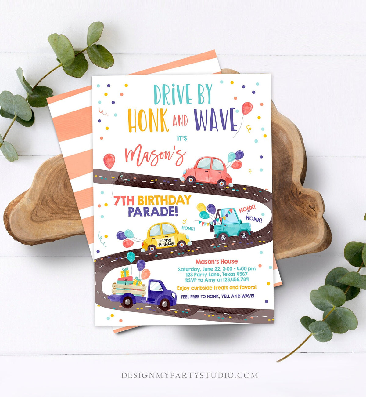 Editable Drive By Birthday Parade Invitation Virtual Party Invite Honk Wave Car Boy Girl Quarantine Instant Download Digital Corjl 0333